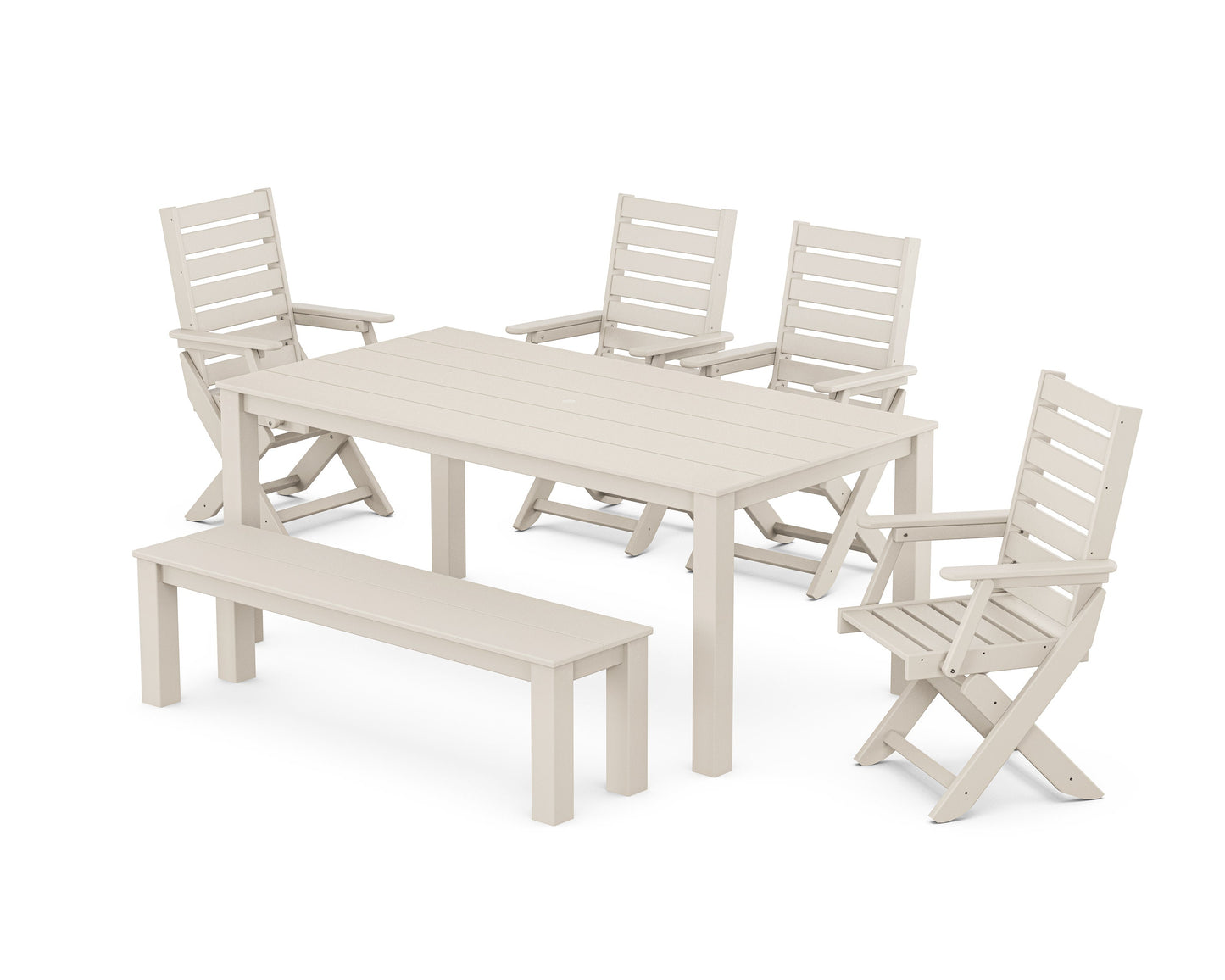 POLYWOOD Captain Folding Chair 6-Piece Parsons Dining Set with Bench — Sand