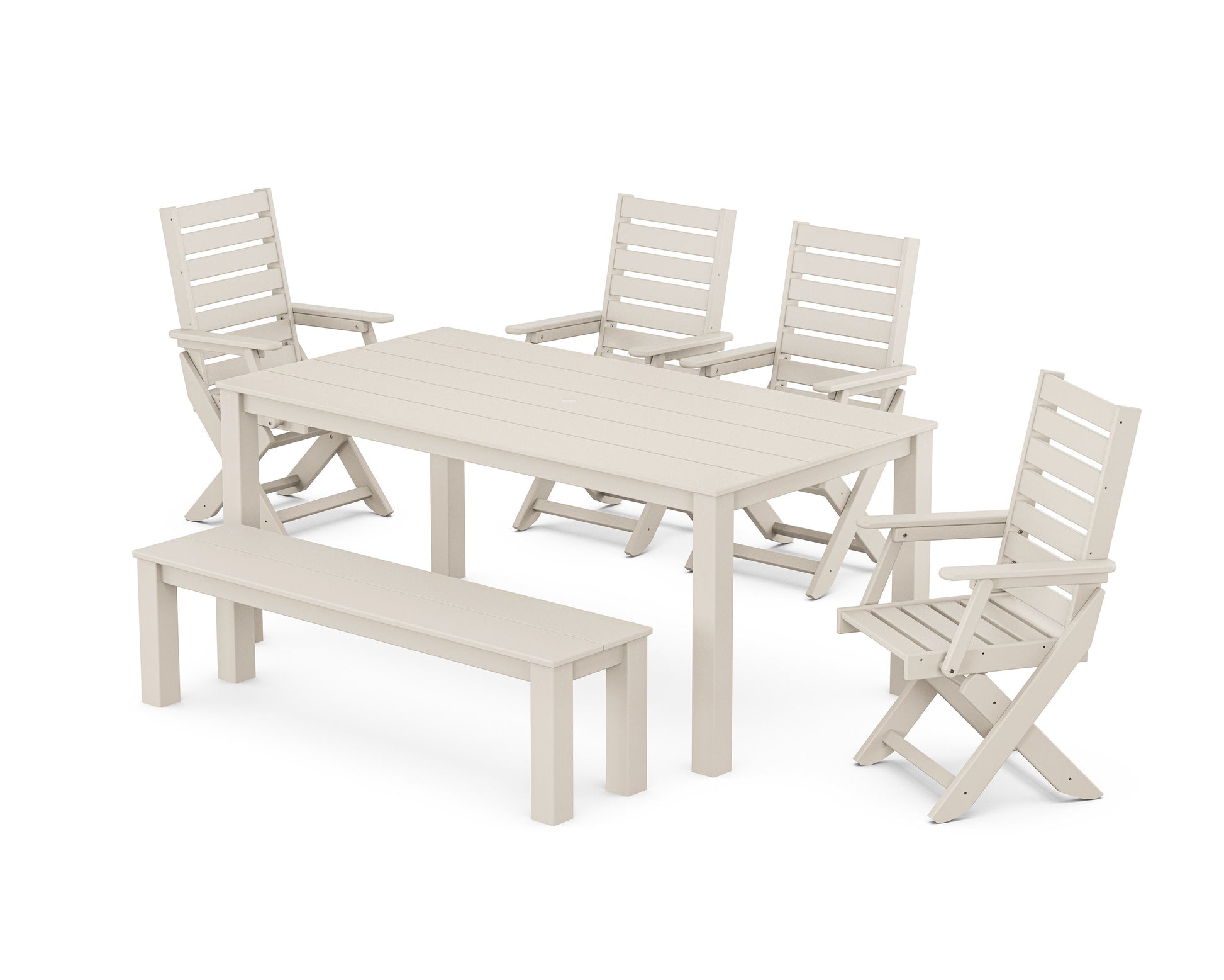POLYWOOD Captain Folding Chair 6-Piece Parsons Dining Set with Bench — Sand