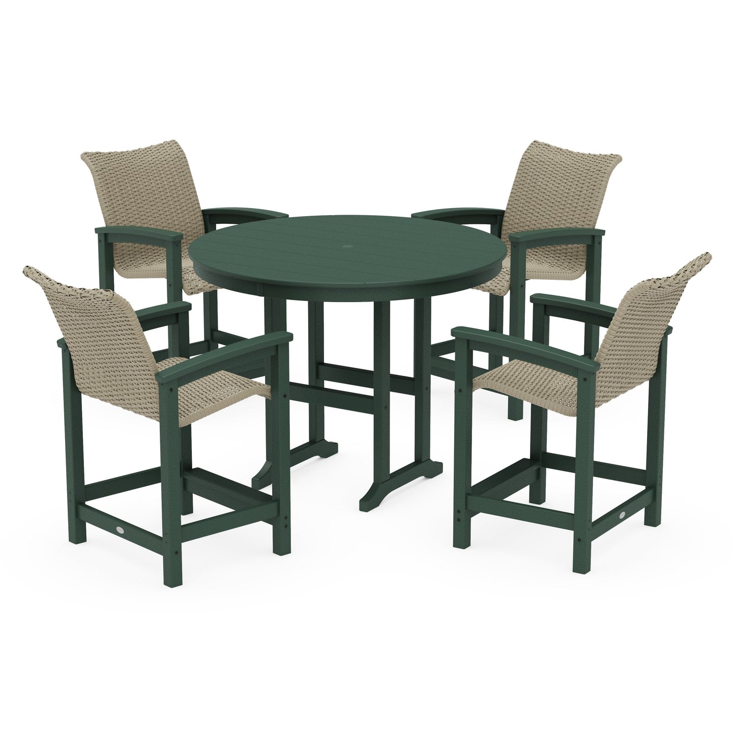 POLYWOOD Coastal Woven 5-Piece Round Farmhouse Counter Set — Green / Dune Grass