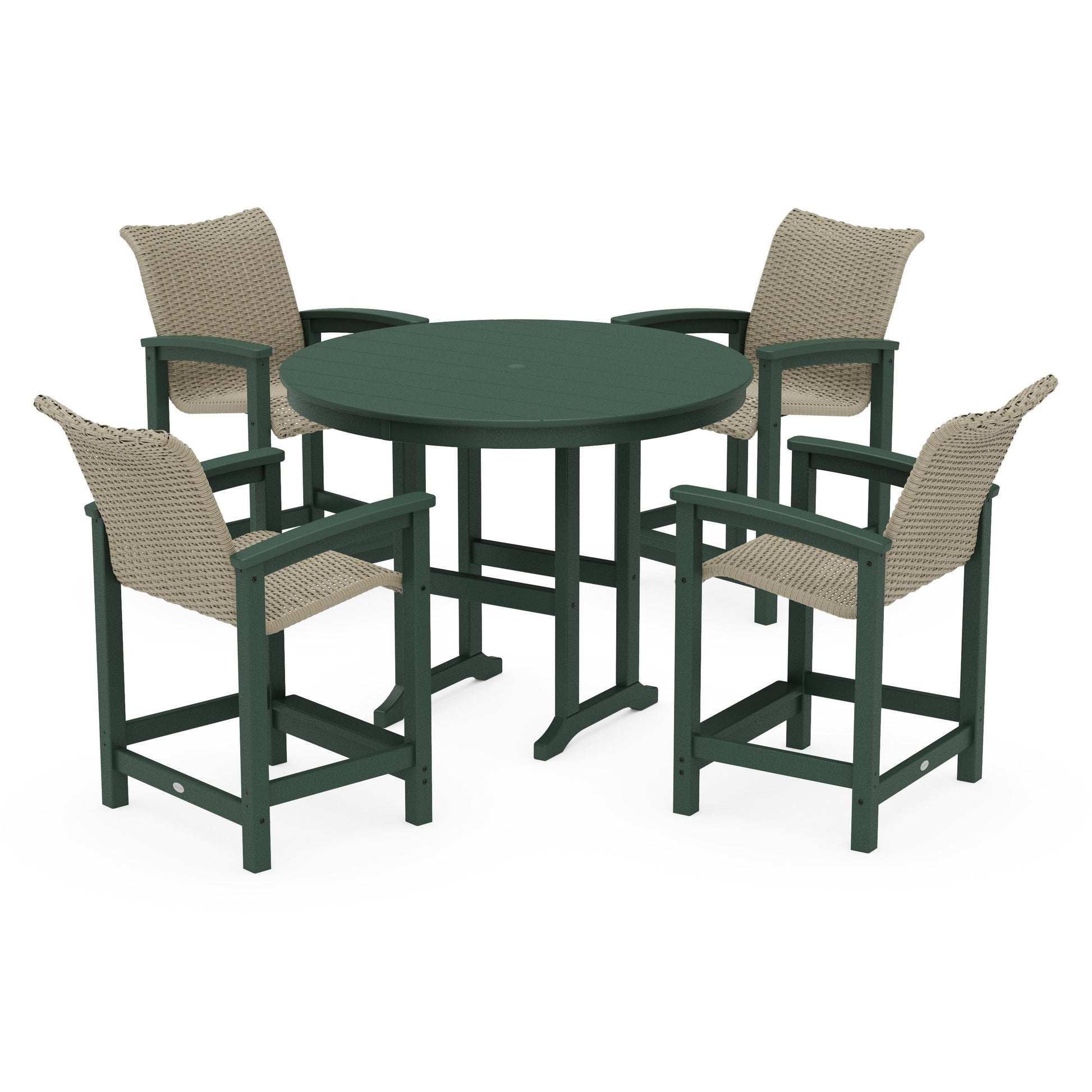 POLYWOOD Coastal Woven 5-Piece Round Farmhouse Counter Set — Green / Dune Grass
