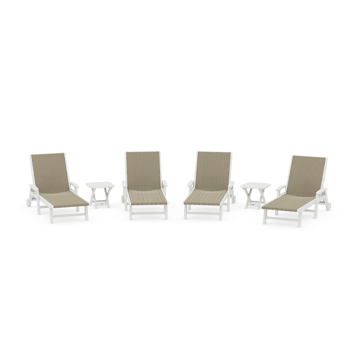 POLYWOOD 6- Piece Coastal Woven Chaise with Arms and Wheels Chaise Lounge Set — White / Dune Grass