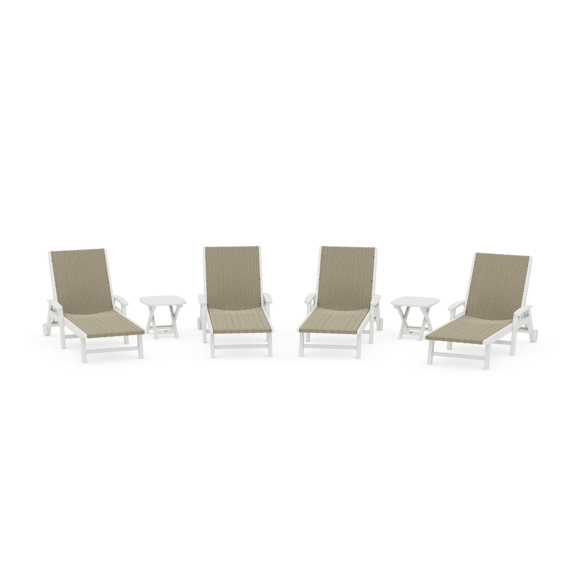 POLYWOOD 6- Piece Coastal Woven Chaise with Arms and Wheels Chaise Lounge Set — White / Dune Grass