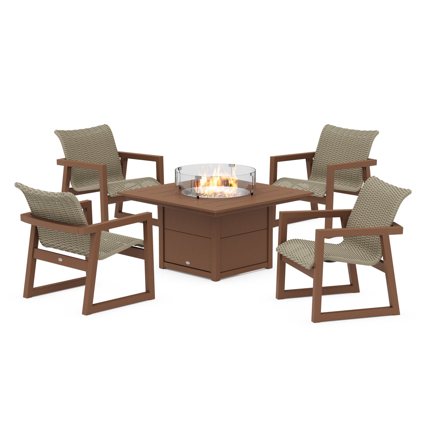 POLYWOOD EDGE Woven 5-Piece Lounge Chair Seating Set with Fire Pit Table — Teak / Dune Grass