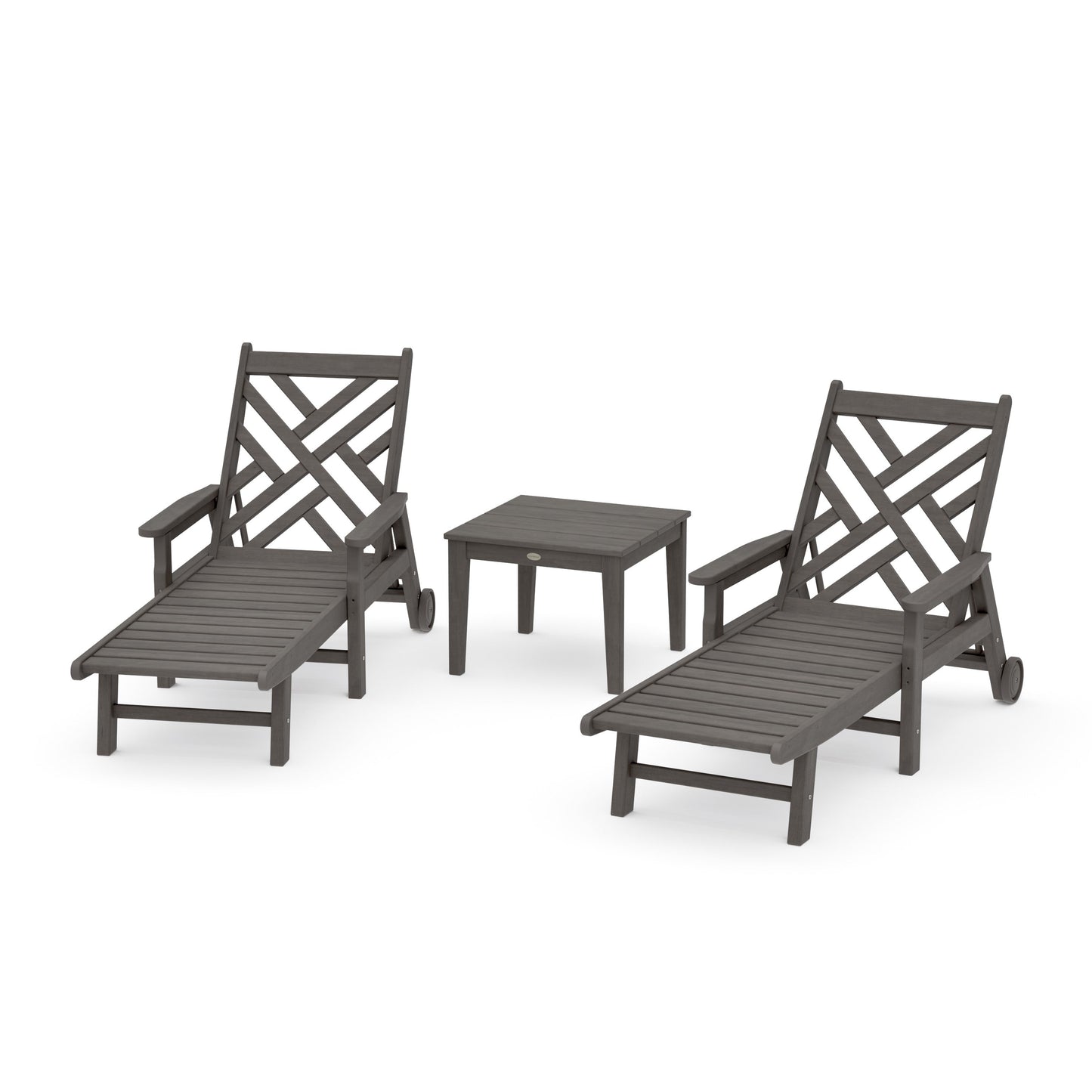 POLYWOOD Chippendale 3-Piece Chaise Set with Arms and Wheels — Driftwood