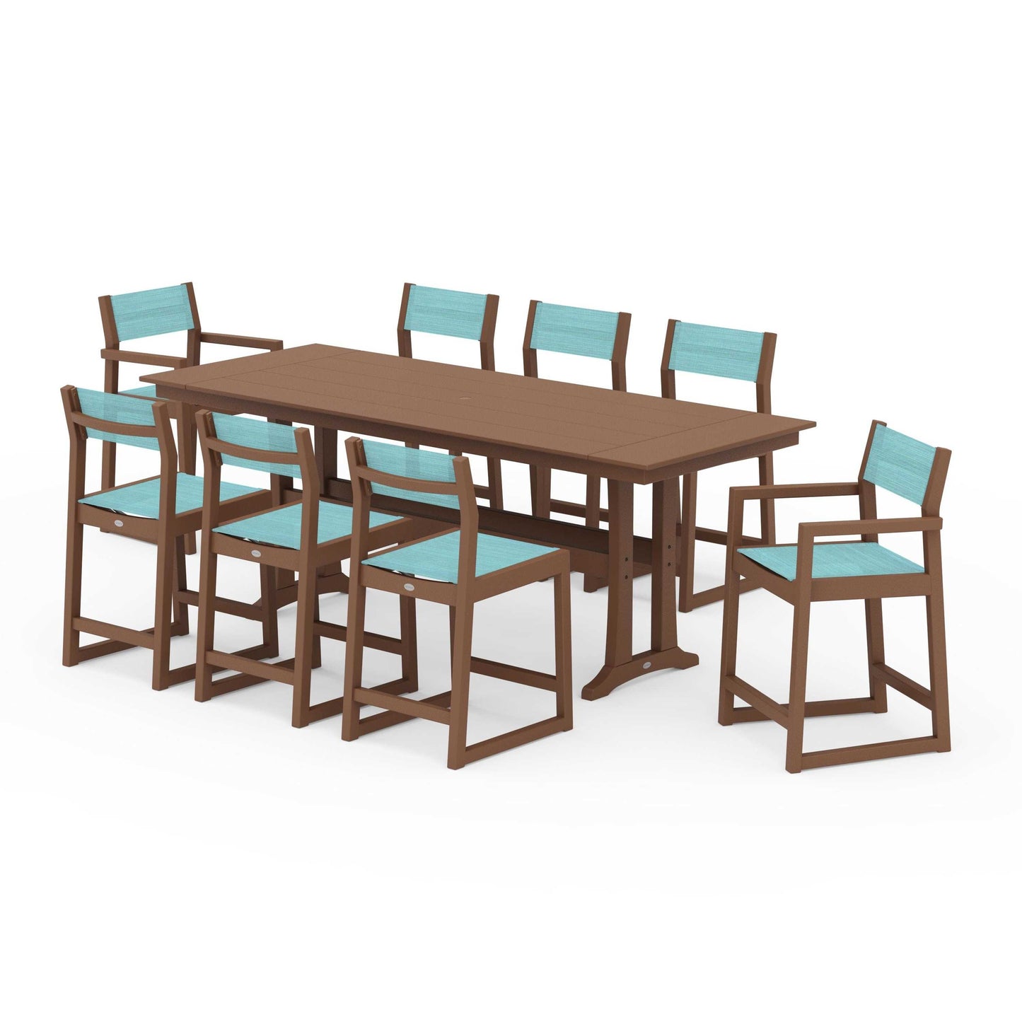 POLYWOOD EDGE Sling 9-Piece Farmhouse Counter Set with Trestle Legs — Teak / Dupioni Aquamarine Sling