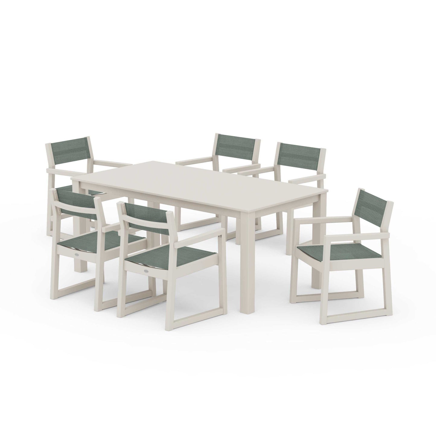 POLYWOOD EDGE Sling Arm Chair 7-Piece Parsons Dining Set — Sand / Dupioni Sea Mist Sling