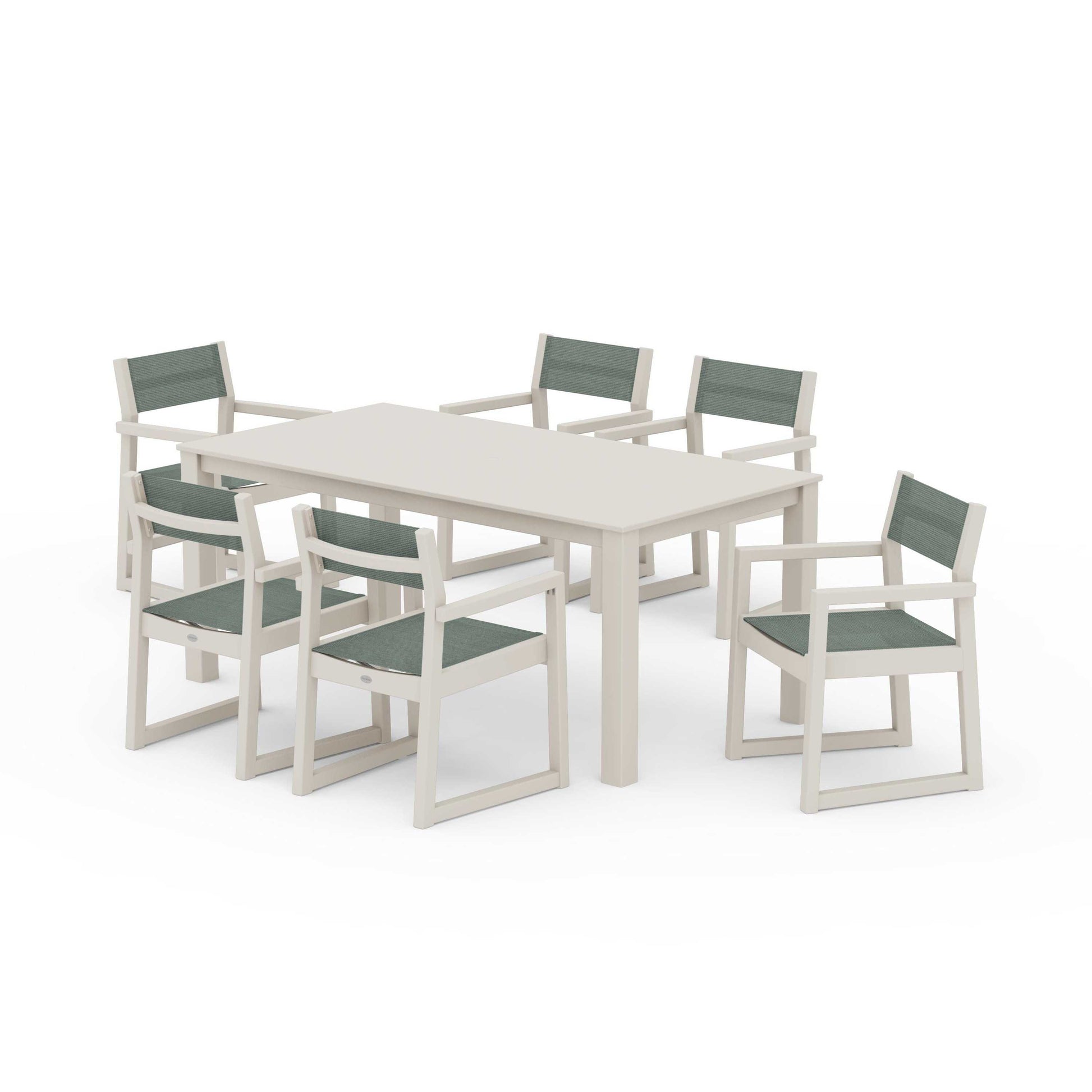 POLYWOOD EDGE Sling Arm Chair 7-Piece Parsons Dining Set — Sand / Dupioni Sea Mist Sling