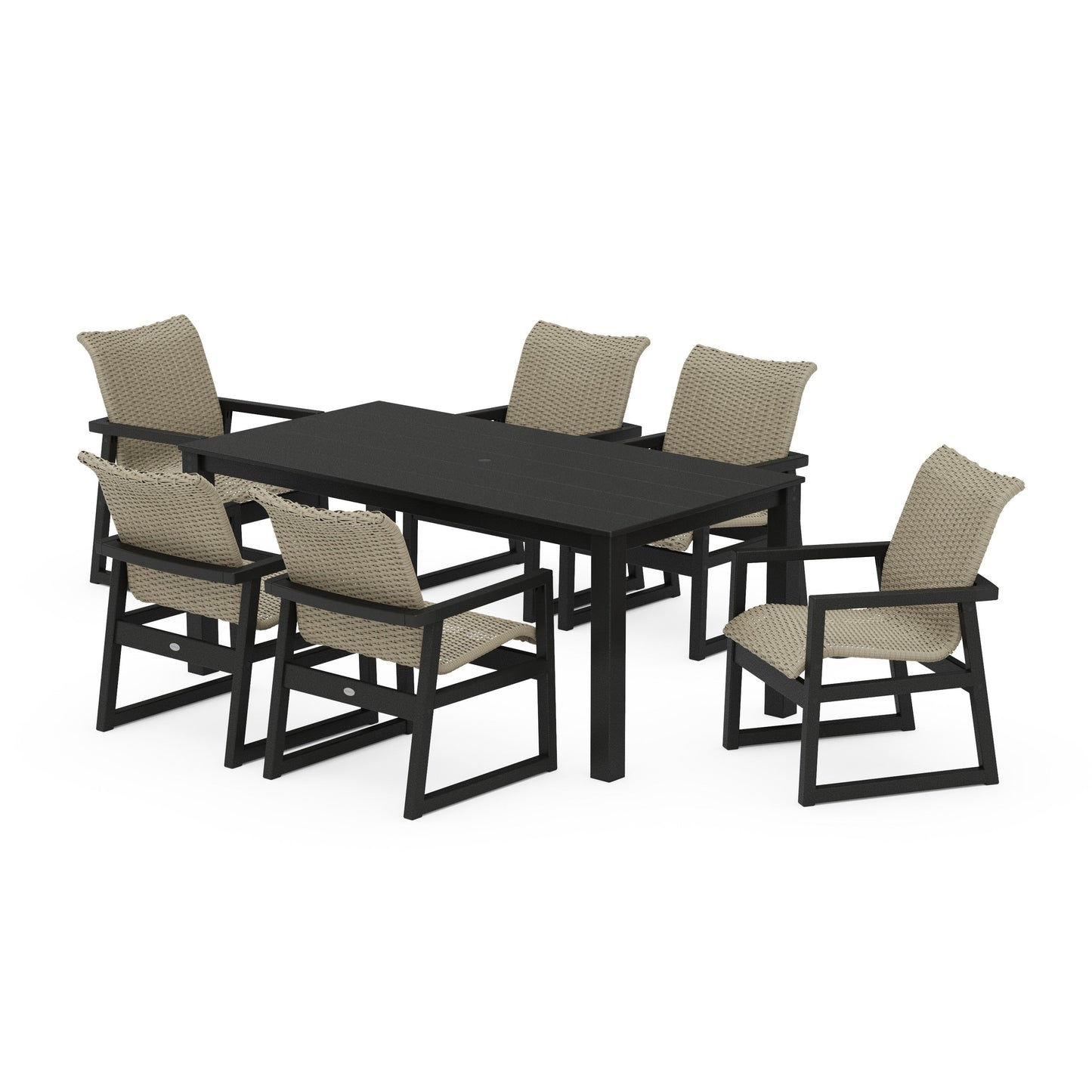 POLYWOOD EDGE Woven Arm Chair 7-Piece Parsons Dining Set — Black / Dune Grass