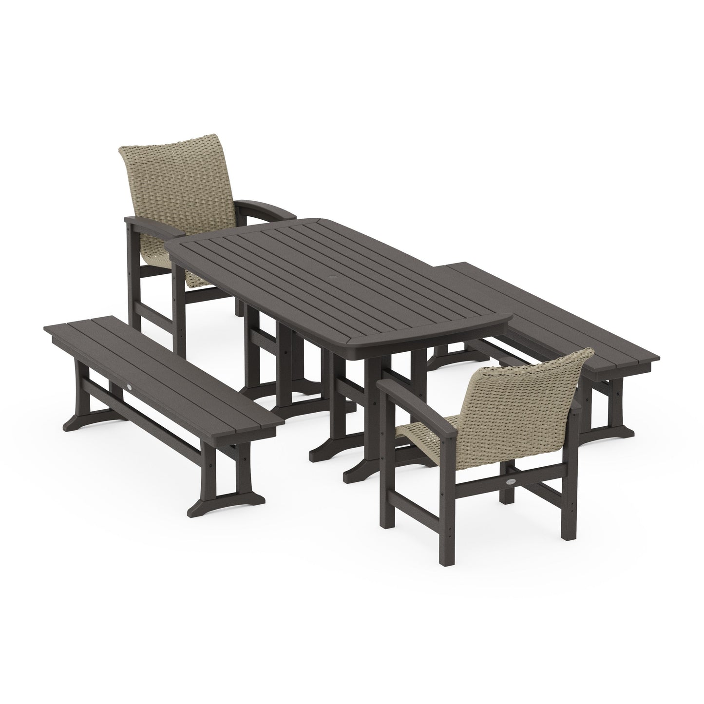 POLYWOOD Coastal Woven 5-Piece Dining Set with Benches — Vintage Coffee / Dune Grass