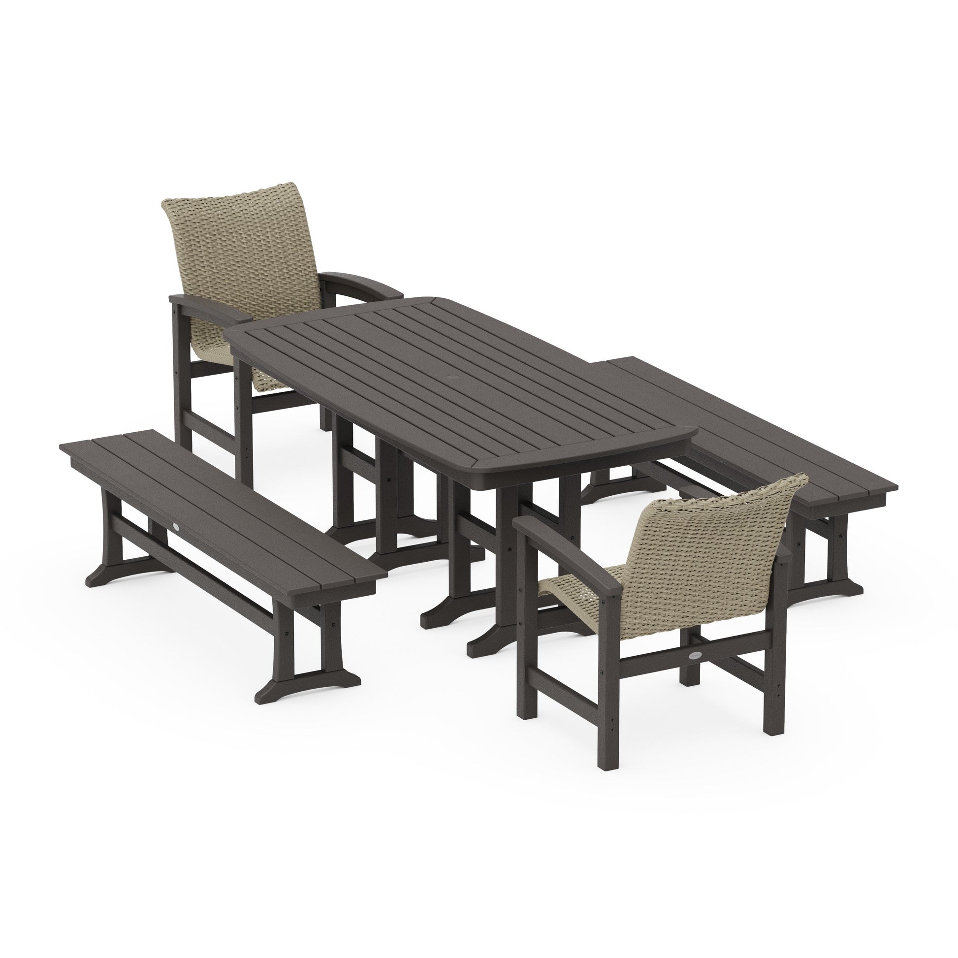 POLYWOOD Coastal Woven 5-Piece Dining Set with Benches — Vintage Coffee / Dune Grass