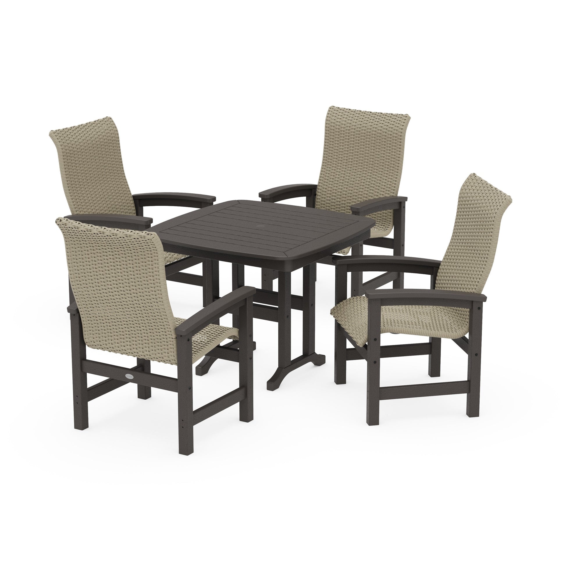 POLYWOOD Coastal Woven High-Back 5-Piece Dining Set — Vintage Coffee / Dune Grass