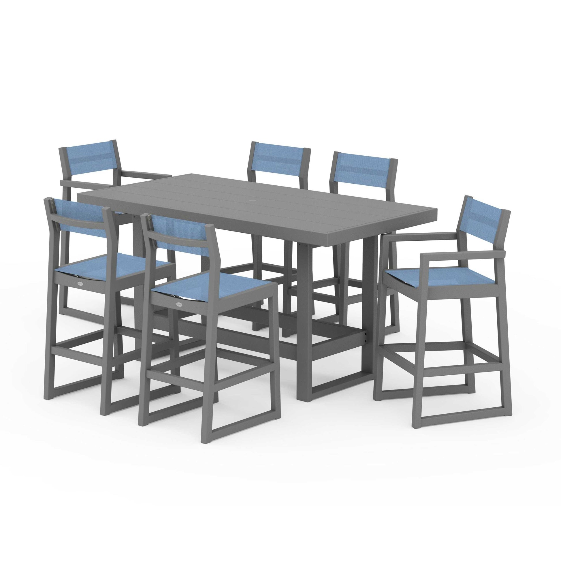 POLYWOOD EDGE Sling 7-Piece Bar Table Set — Slate Grey / Poolside Sling