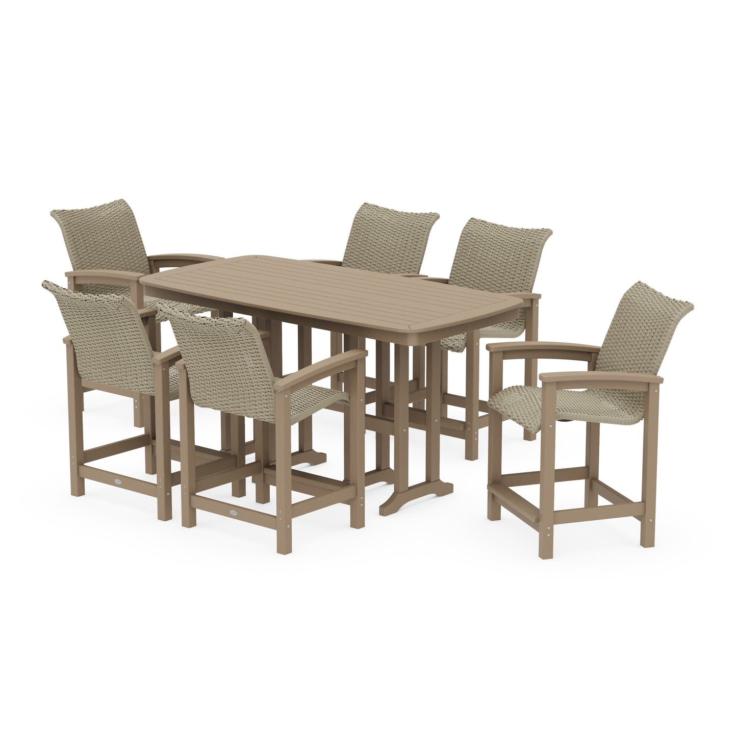 POLYWOOD Coastal Woven Arm Chair 7-Piece Counter Set — Vintage Sahara / Dune Grass