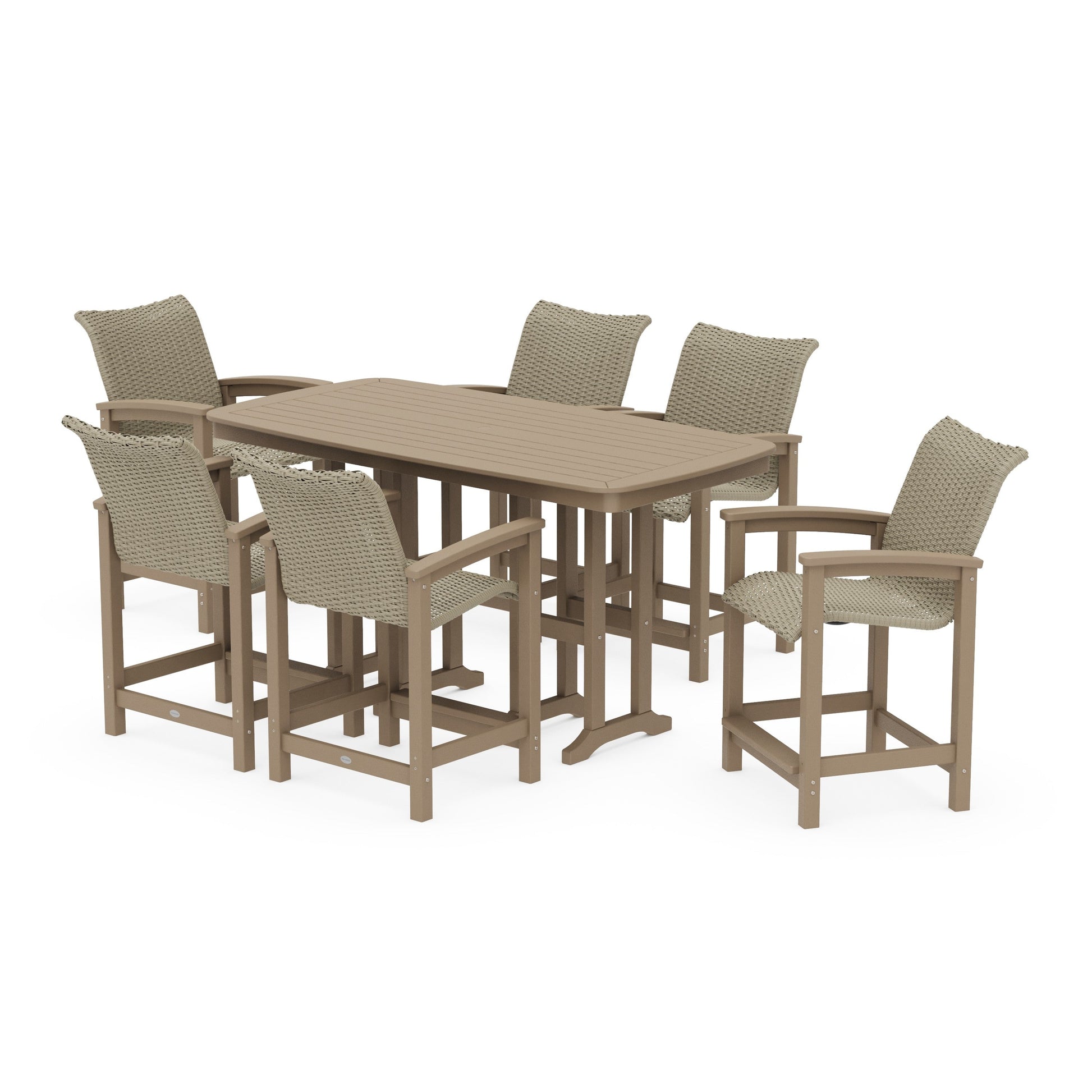 POLYWOOD Coastal Woven Arm Chair 7-Piece Counter Set — Vintage Sahara / Dune Grass