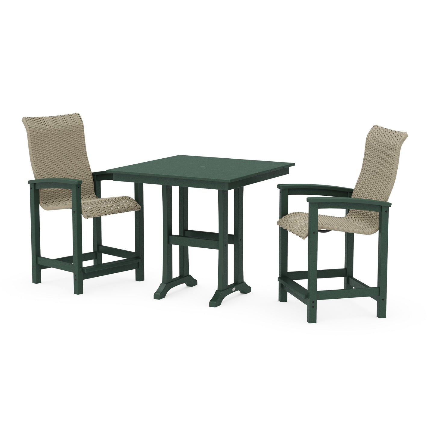 POLYWOOD Coastal Woven High-Back 3-Piece Farmhouse Counter Set with Trestle Legs — Green / Dune Grass