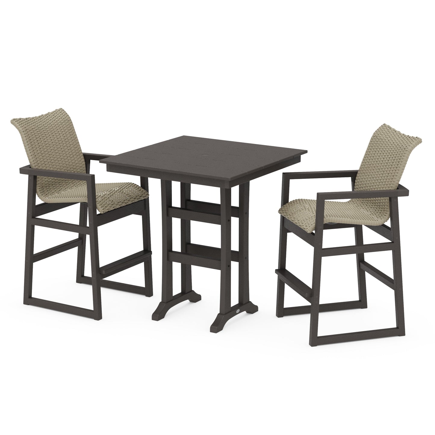 POLYWOOD EDGE Woven 3-Piece Farmhouse Bar Set with Trestle Legs — Vintage Coffee / Dune Grass