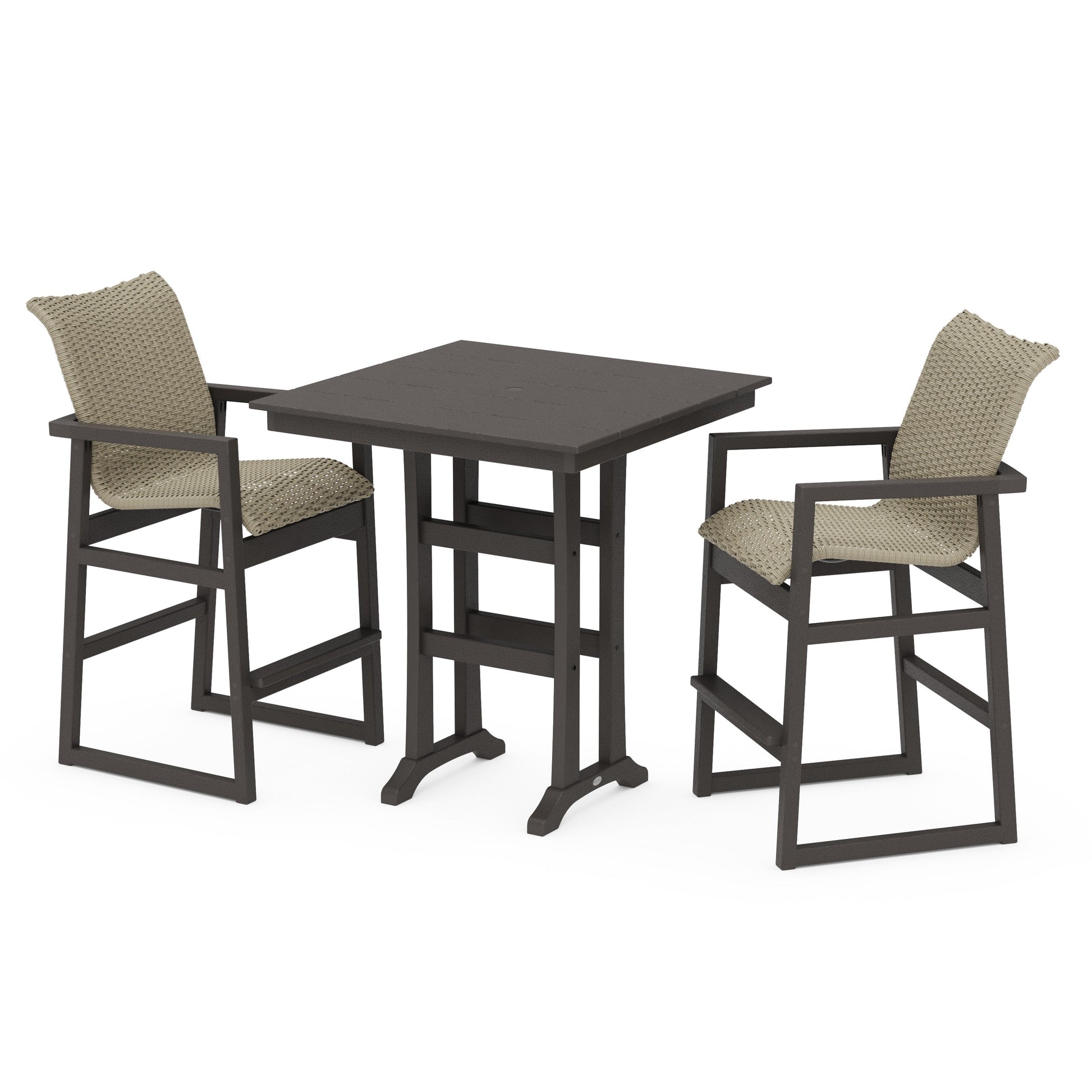 POLYWOOD EDGE Woven 3-Piece Farmhouse Bar Set with Trestle Legs — Vintage Coffee / Dune Grass