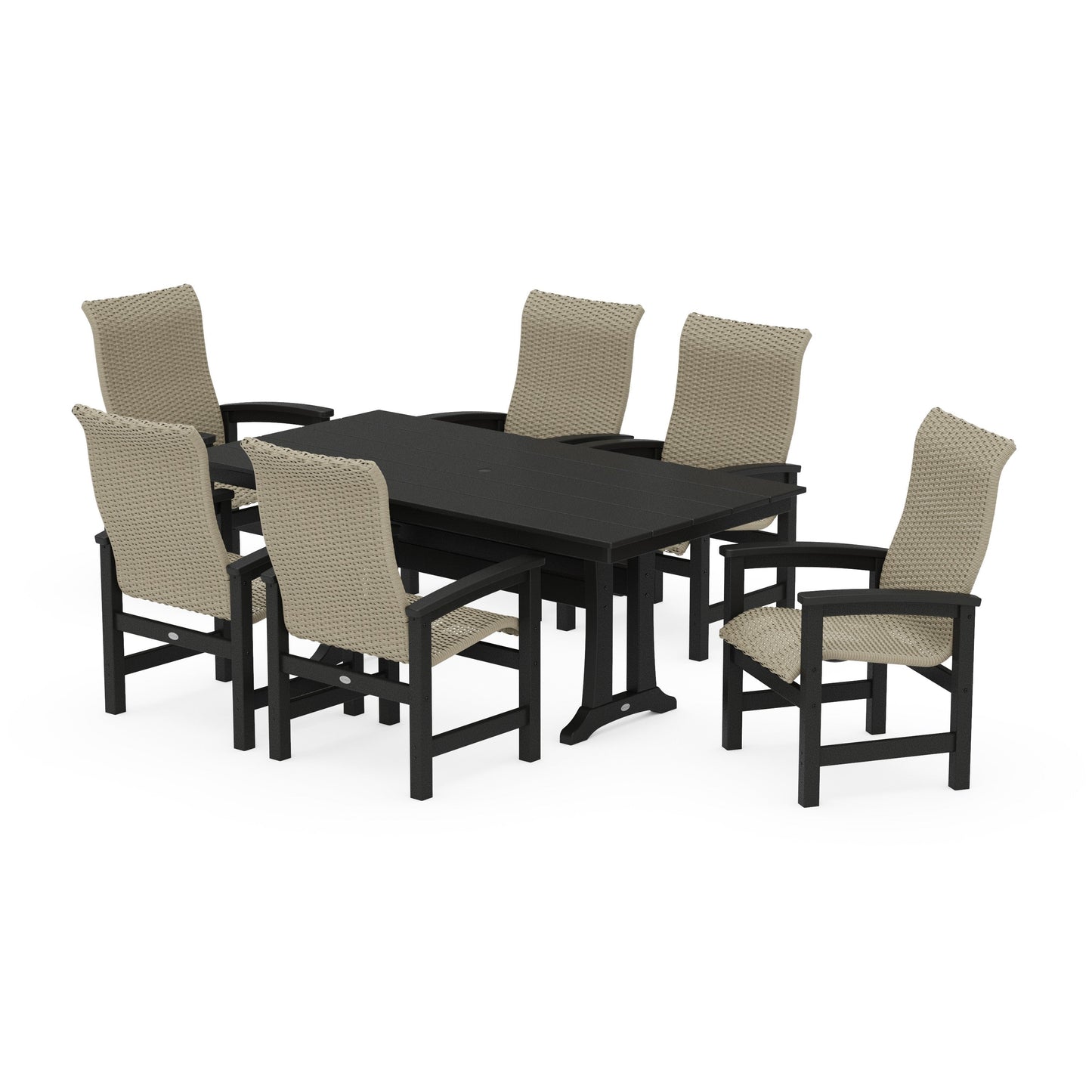 POLYWOOD Coastal Woven High-Back Arm Chair 7-Piece Farmhouse Dining Set with Trestle Legs — Black / Dune Grass