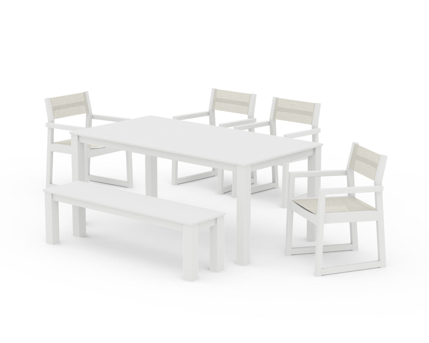 POLYWOOD EDGE Sling Arm Chair 6-Piece Parsons Dining Set with Bench — White / Parchment Sling