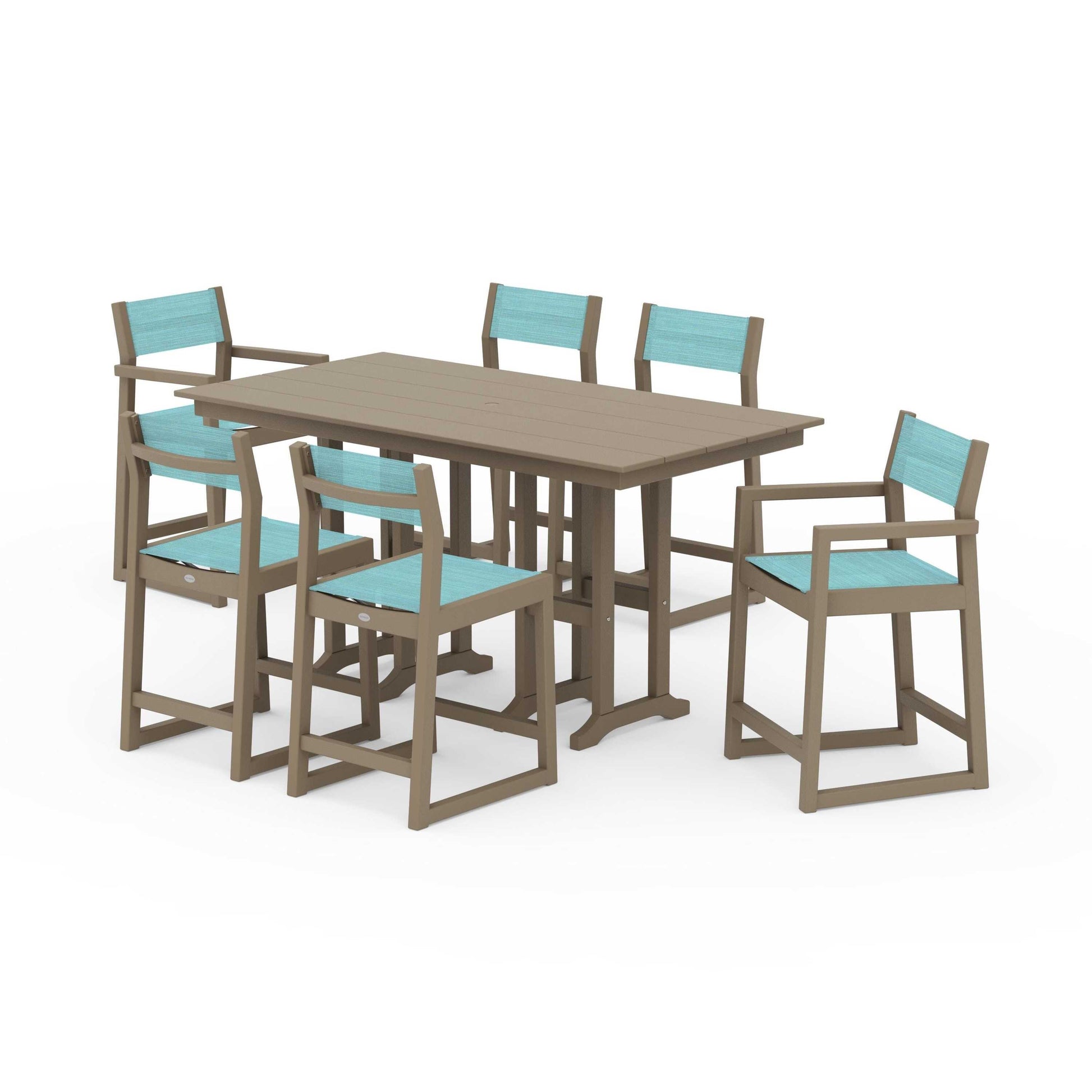 POLYWOOD EDGE Sling 7-Piece Farmhouse Counter Set with Trestle Legs — Vintage Sahara / Dupioni Aquamarine Sling