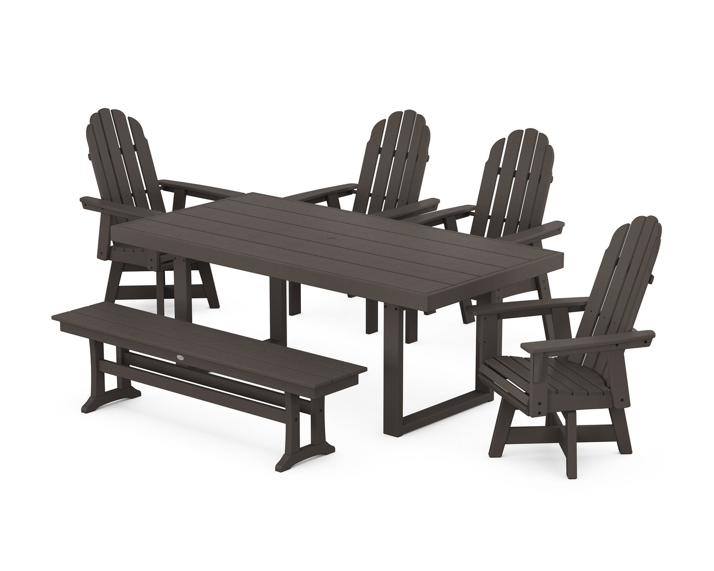 POLYWOOD Vineyard Curveback Adirondack Swivel Chair 6-Piece Dining Set with Bench — Vintage Coffee
