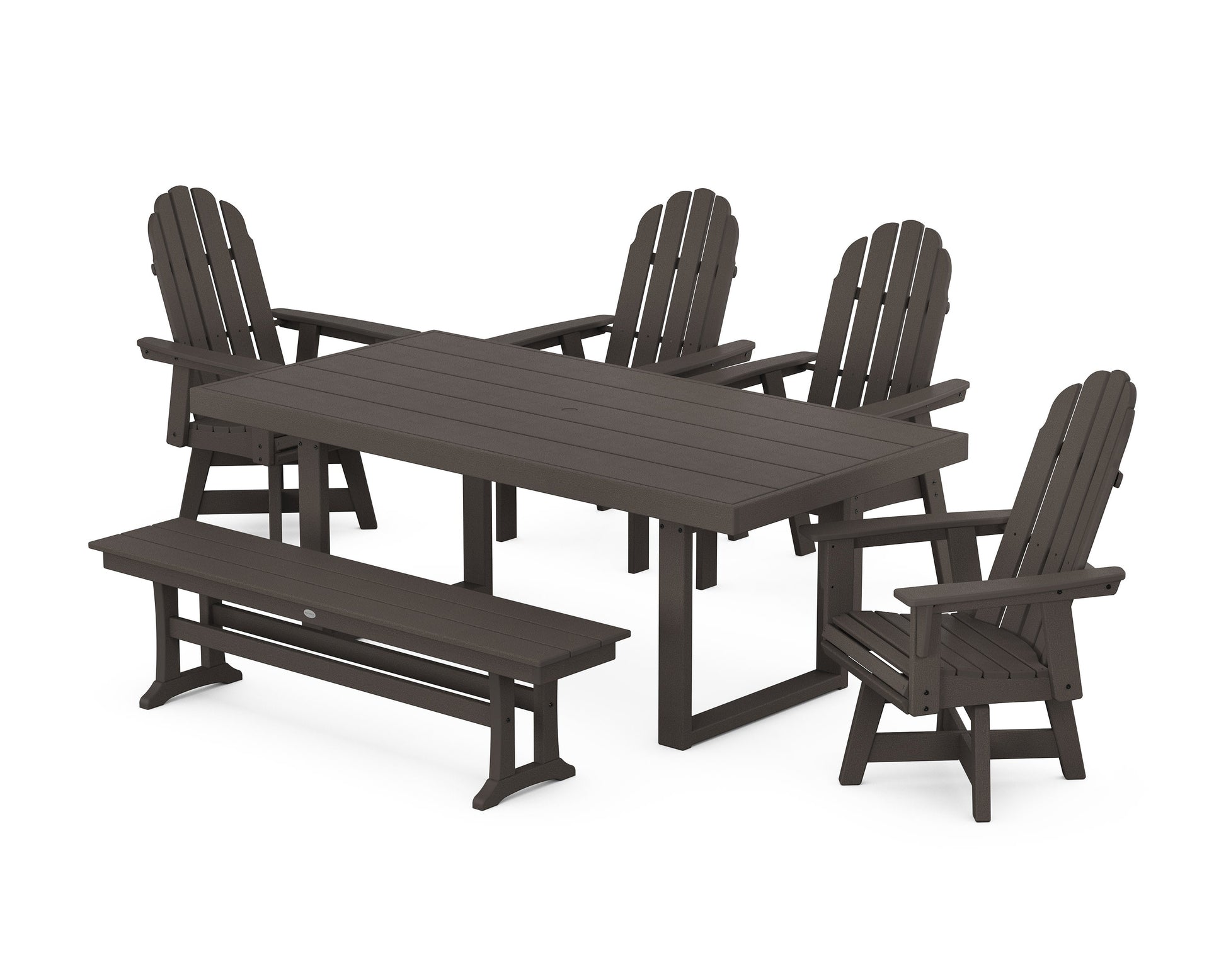POLYWOOD Vineyard Curveback Adirondack Swivel Chair 6-Piece Dining Set with Bench — Vintage Coffee