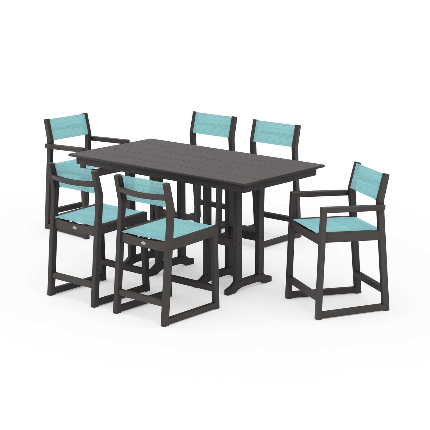 POLYWOOD EDGE Sling 7-Piece Farmhouse Counter Set with Trestle Legs — Vintage Coffee / Dupioni Aquamarine Sling
