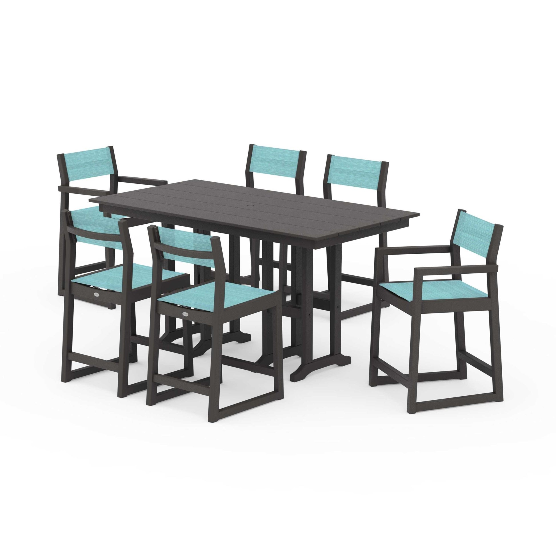 POLYWOOD EDGE Sling 7-Piece Farmhouse Counter Set with Trestle Legs — Vintage Coffee / Dupioni Aquamarine Sling