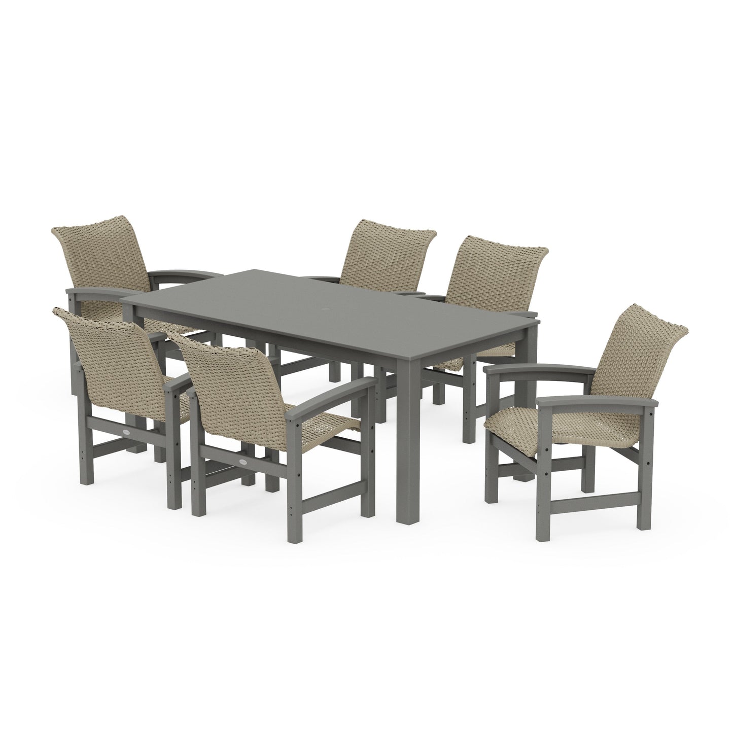 POLYWOOD Coastal Woven Arm Chair 7-Piece Parsons Dining Set — Slate Grey / Dune Grass