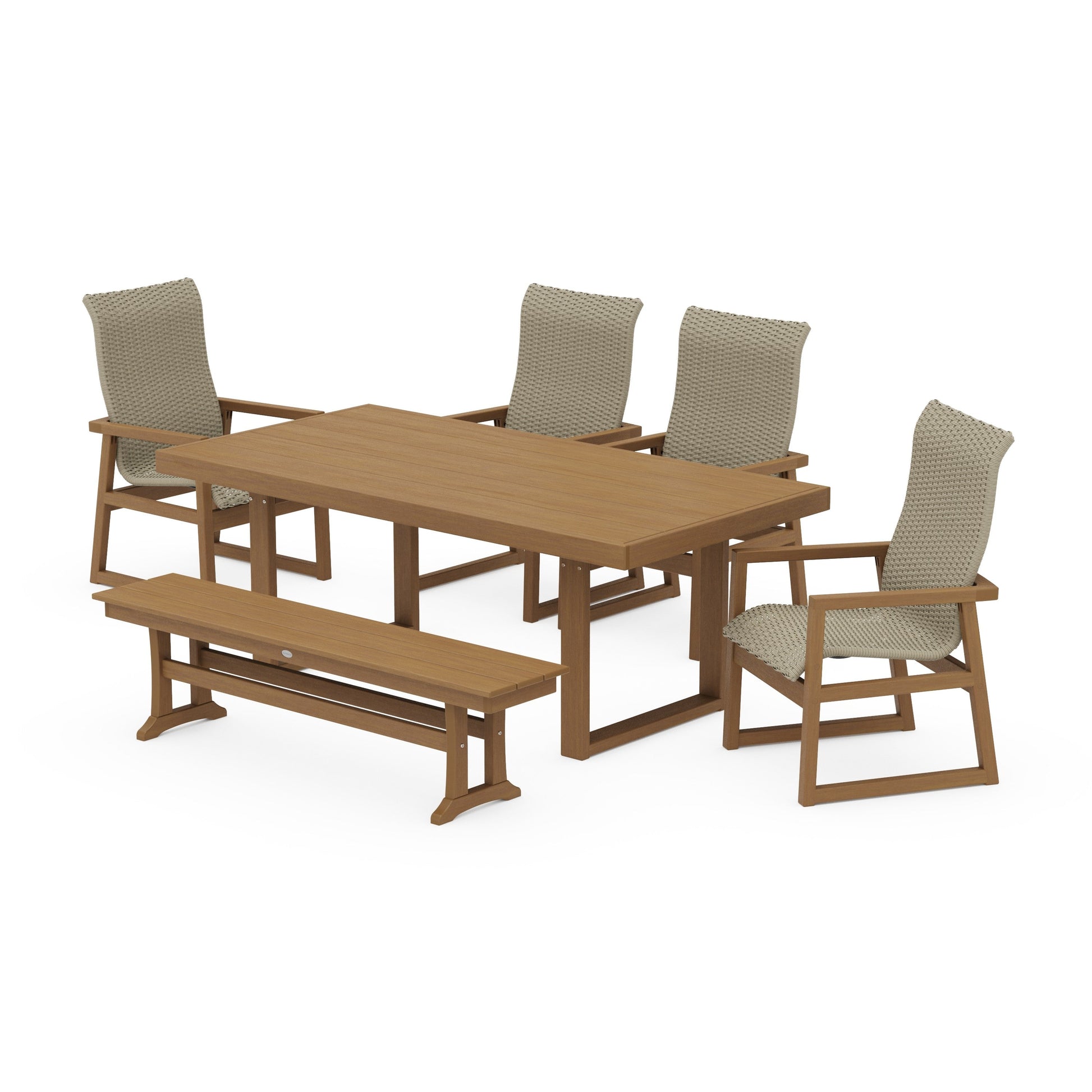 POLYWOOD EDGE Woven Highback 6-Piece Dining Set with Bench — Natural / Dune Grass