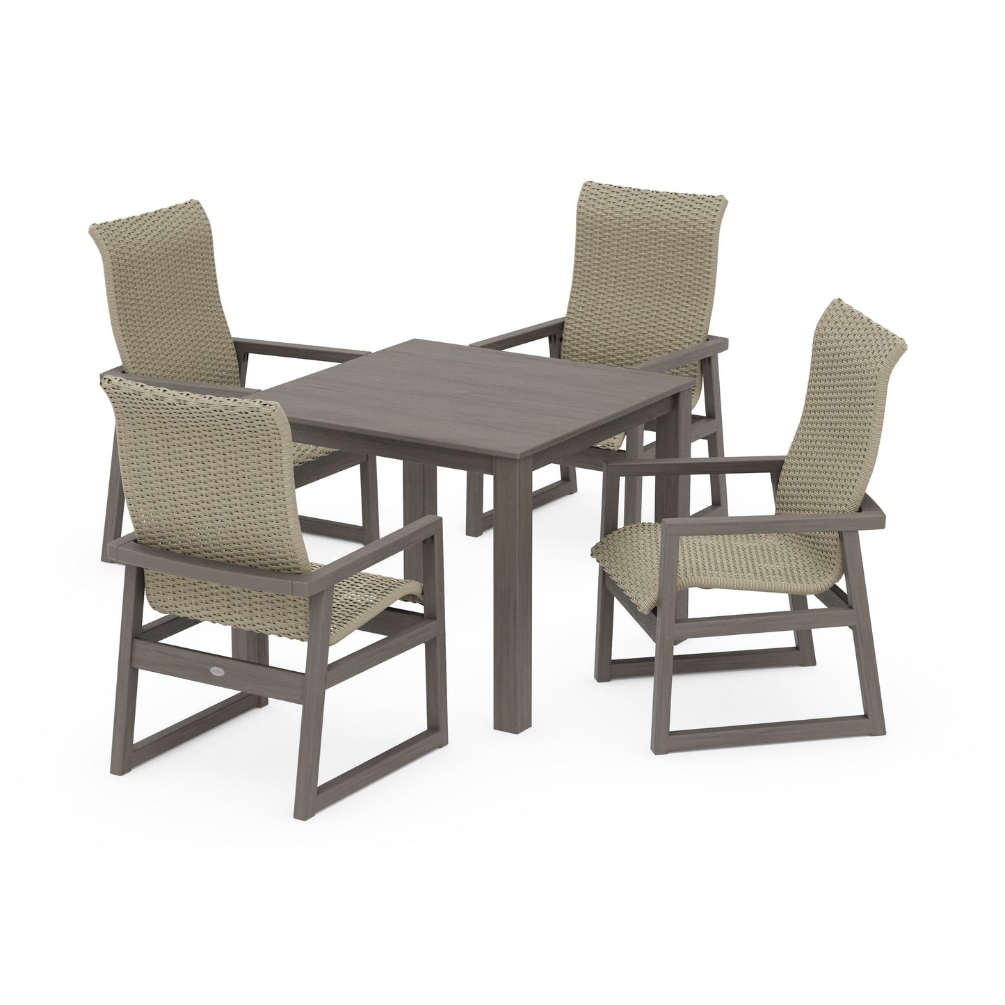 POLYWOOD EDGE Woven Highback 5-Piece Parsons Dining Set — Driftwood / Dune Grass