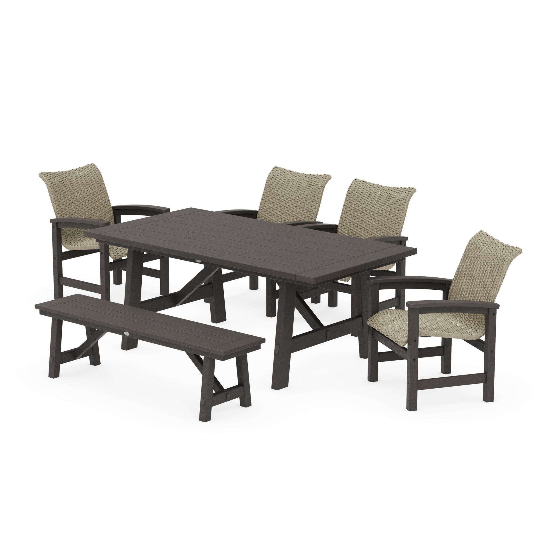 POLYWOOD Coastal Woven 6-Piece Rustic Farmhouse Dining Set with Bench — Vintage Coffee / Dune Grass