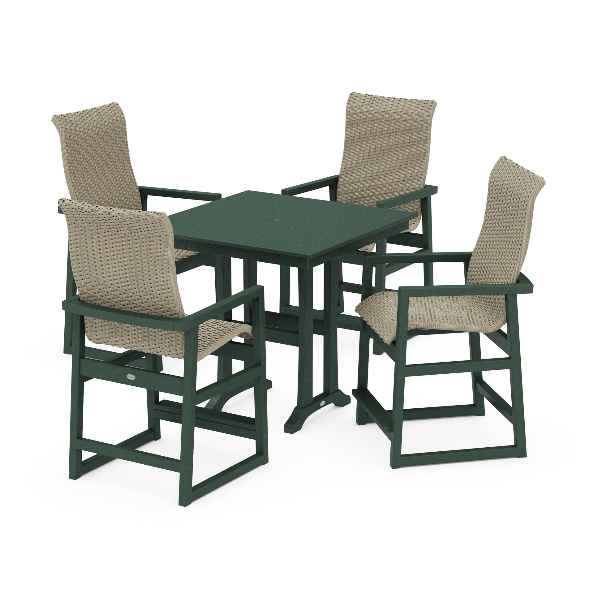 POLYWOOD EDGE Woven Highback 5-Piece Farmhouse Counter Set with Trestle Legs — Green / Dune Grass