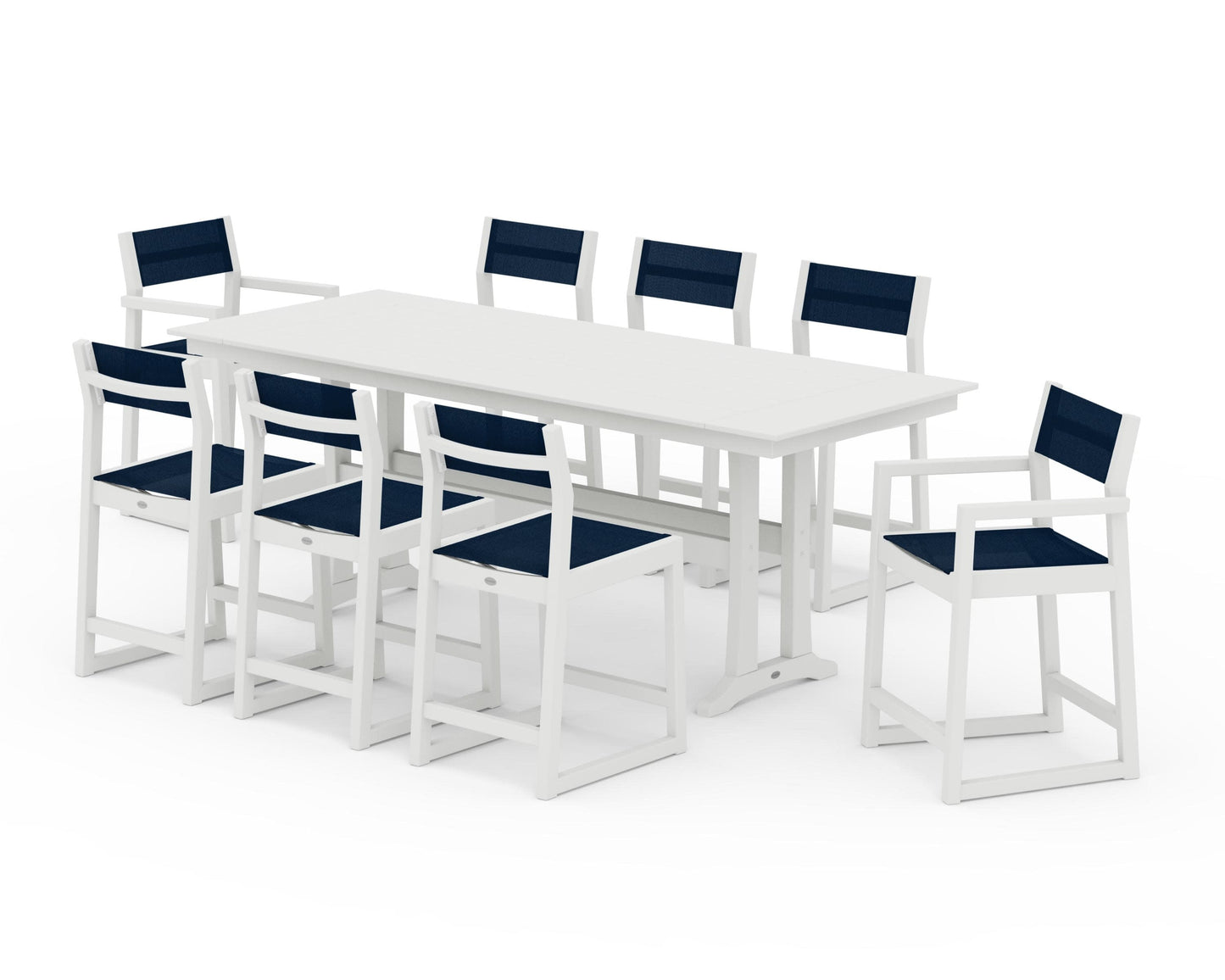 POLYWOOD EDGE Sling 9-Piece Farmhouse Counter Set with Trestle Legs — Vintage White / Navy Blue Sling