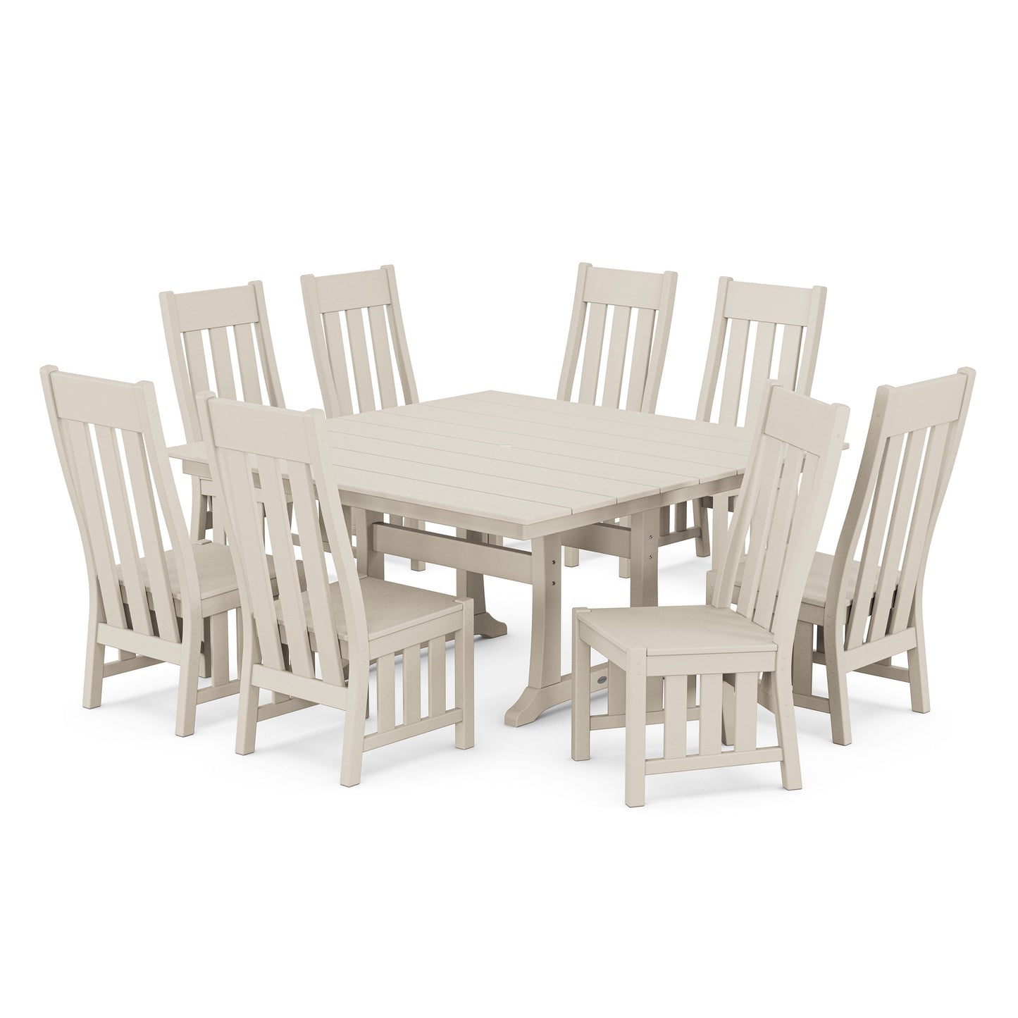 POLYWOOD Acadia Side Chair 9-Piece Square Farmhouse Dining Set with Trestle Legs — Sand