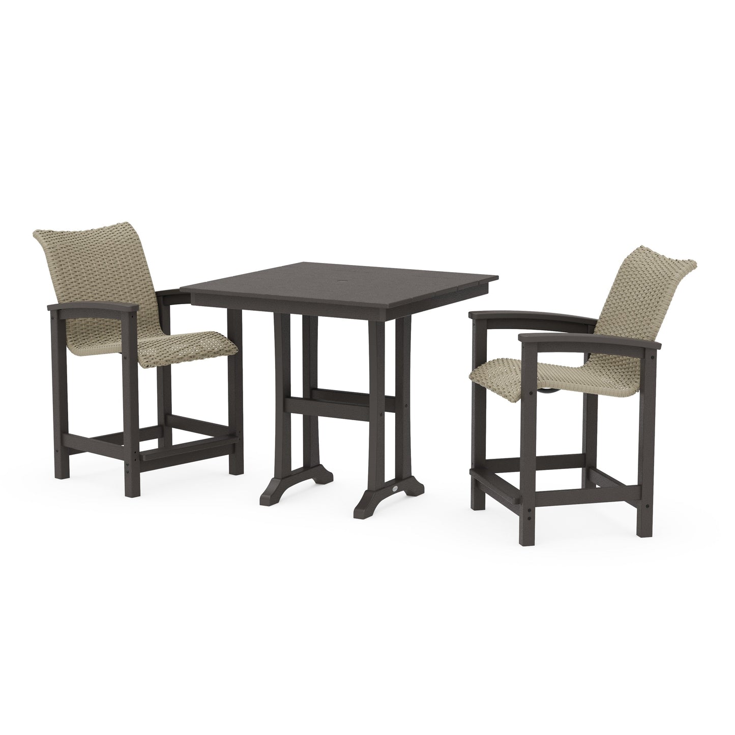 POLYWOOD Coastal Woven 3-Piece Farmhouse Counter Set with Trestle Legs — Vintage Coffee / Dune Grass