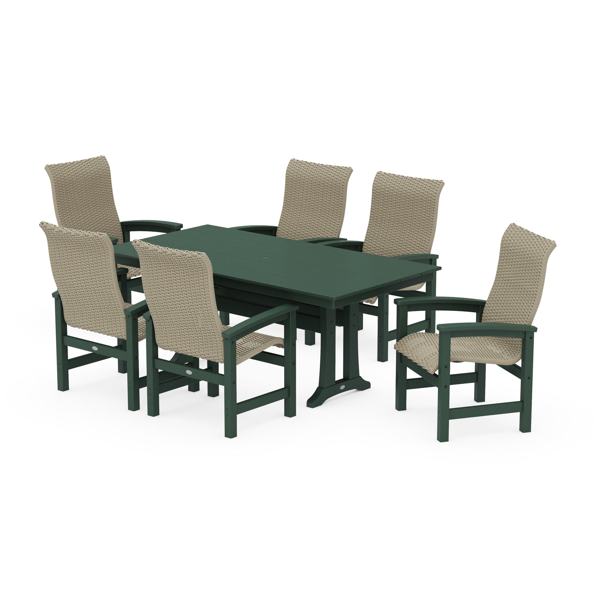 POLYWOOD Coastal Woven High-Back Arm Chair 7-Piece Farmhouse Dining Set with Trestle Legs — Green / Dune Grass