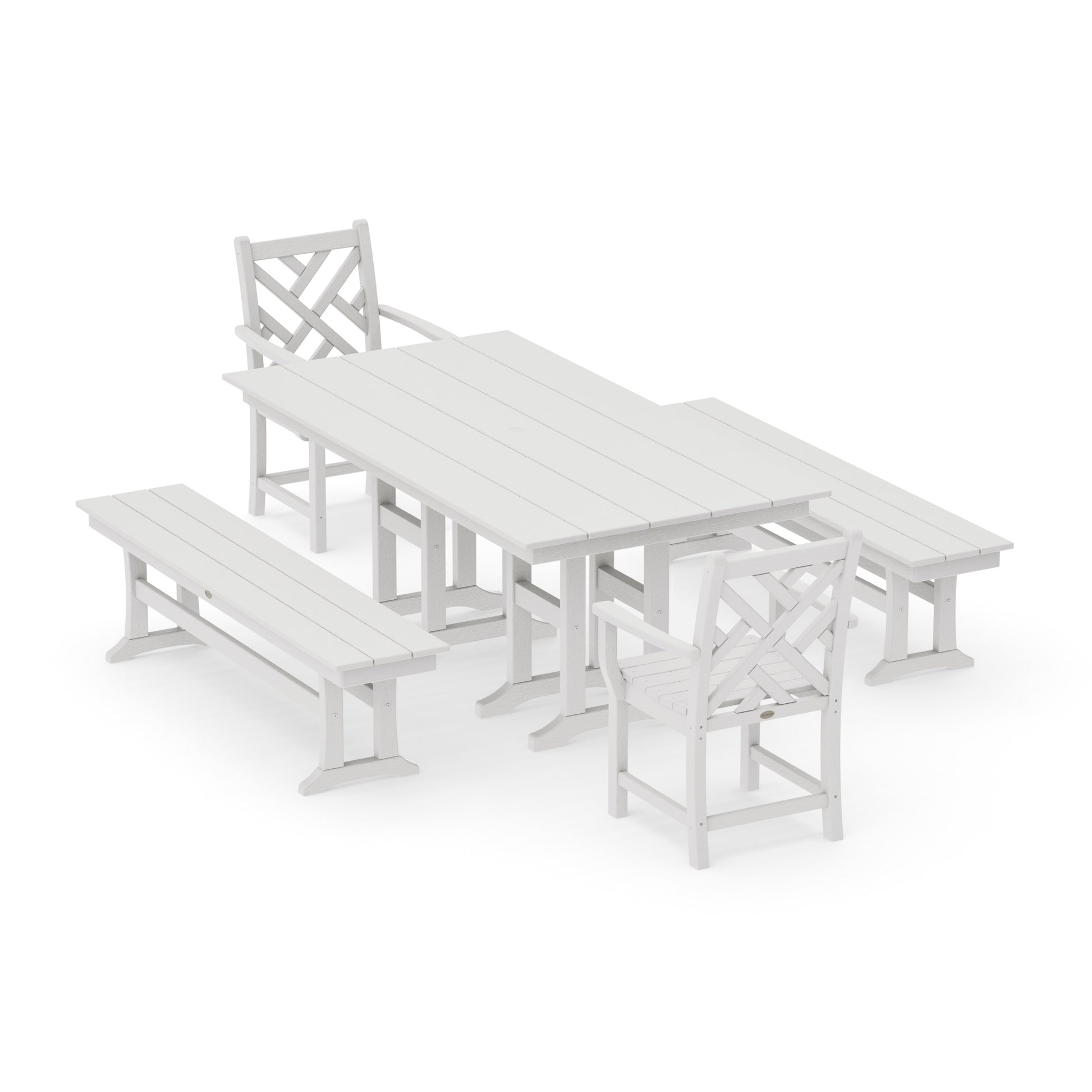 POLYWOOD Chippendale 5-Piece Farmhouse Dining Set with Benches — Vintage White