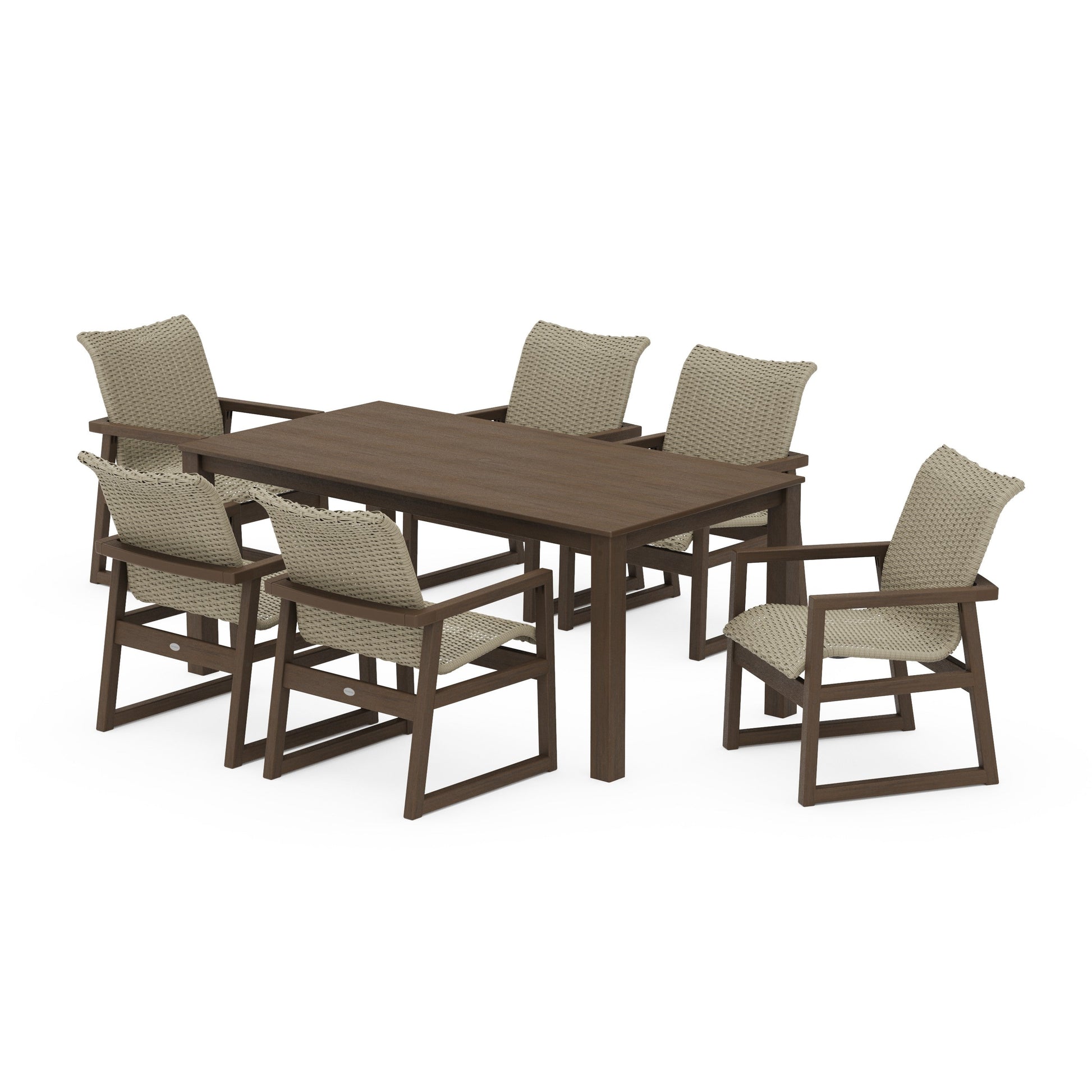POLYWOOD EDGE Woven Arm Chair 7-Piece Parsons Dining Set — Kona / Dune Grass