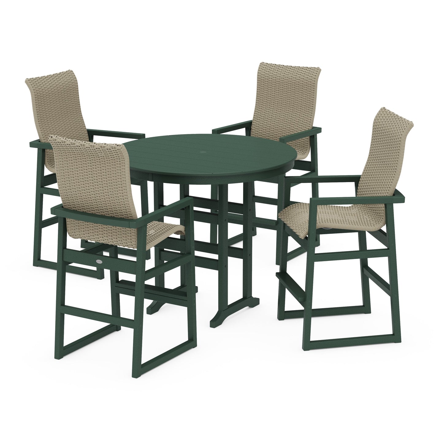 POLYWOOD EDGE Woven Highback 5-Piece Round Farmhouse Bar Set — Green / Dune Grass