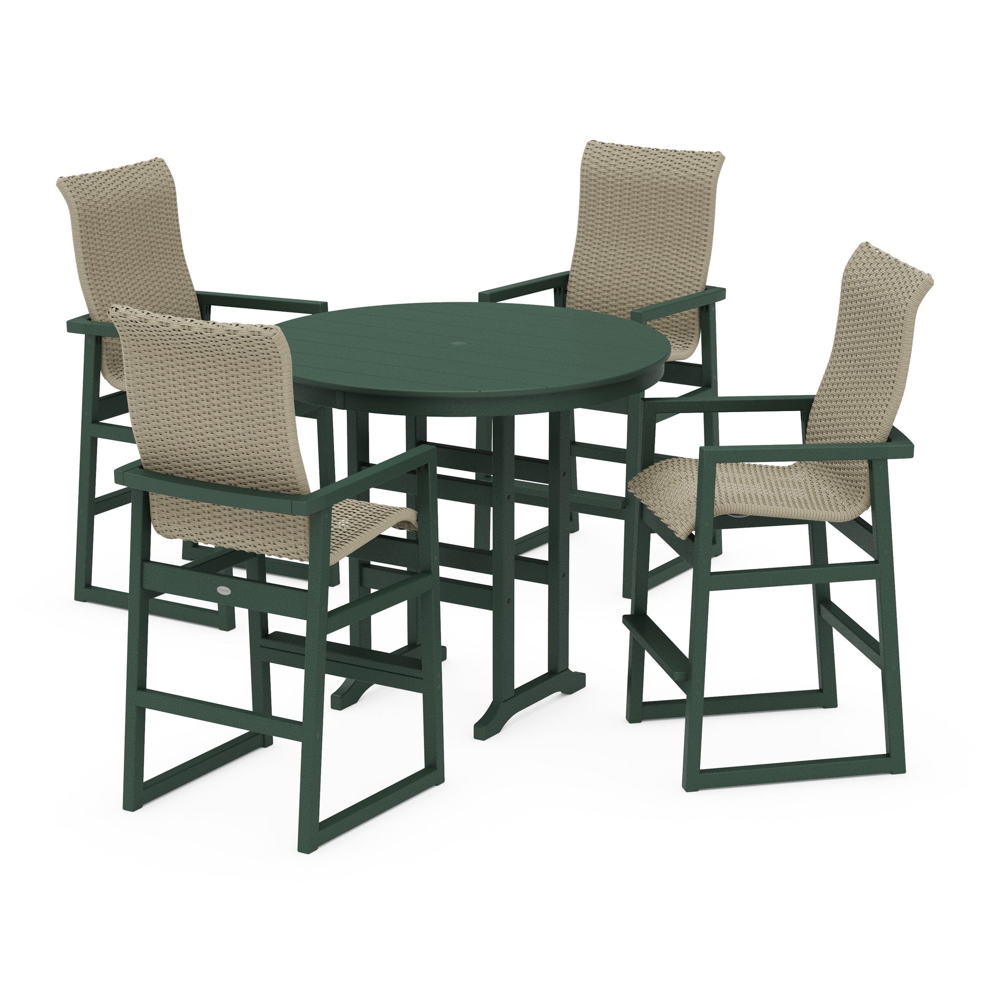 POLYWOOD EDGE Woven Highback 5-Piece Round Farmhouse Bar Set — Green / Dune Grass