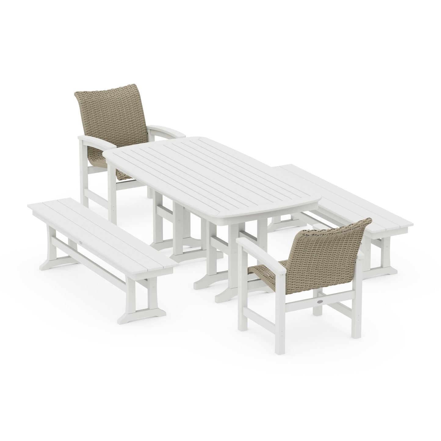 POLYWOOD Coastal Woven 5-Piece Dining Set with Benches — Vintage White / Dune Grass