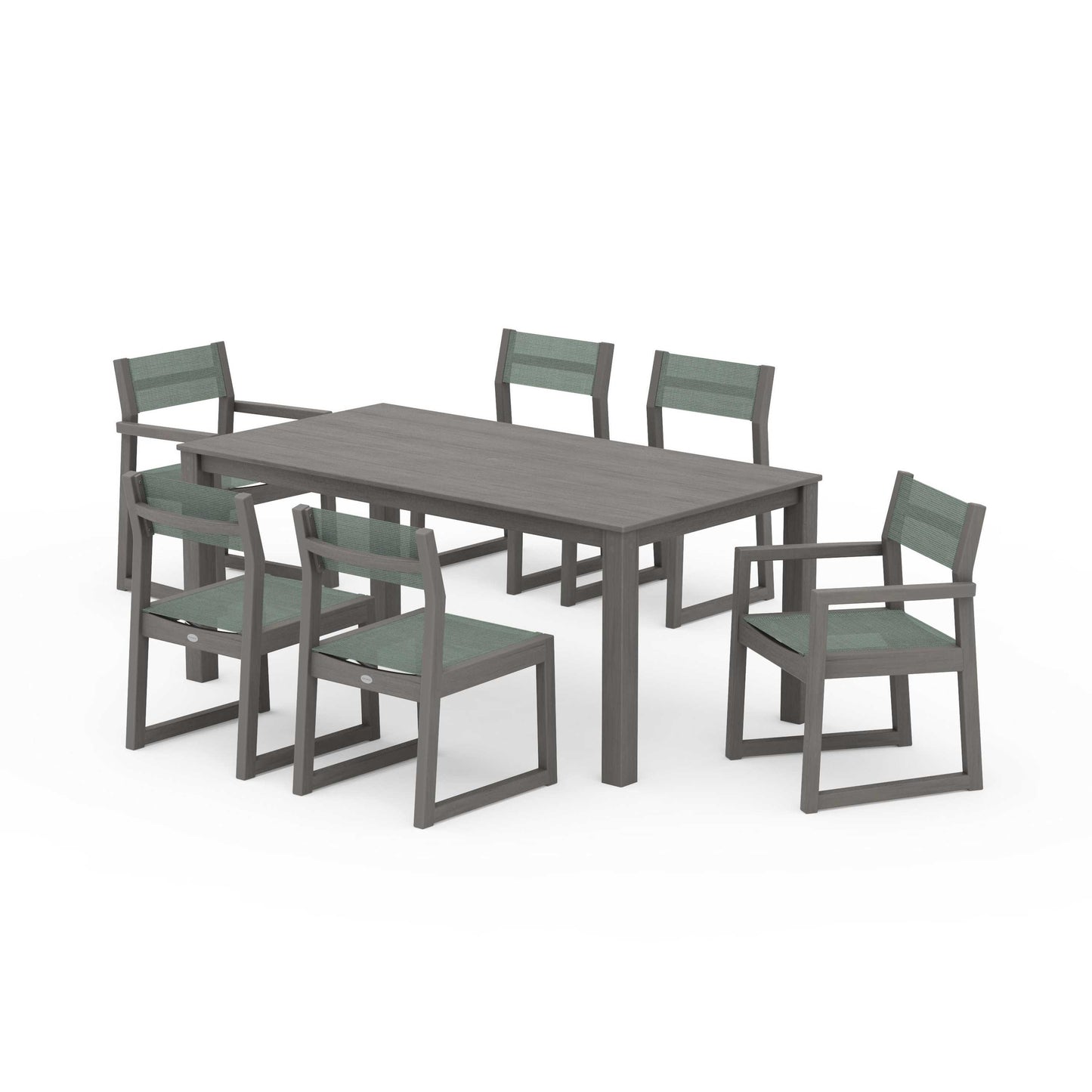 POLYWOOD EDGE Sling 7-Piece Parsons Dining Set — Driftwood / Dupioni Sea Mist Sling