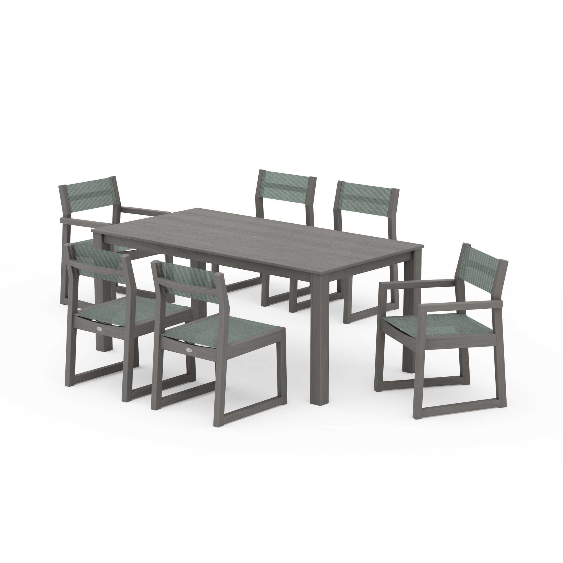POLYWOOD EDGE Sling 7-Piece Parsons Dining Set — Driftwood / Dupioni Sea Mist Sling