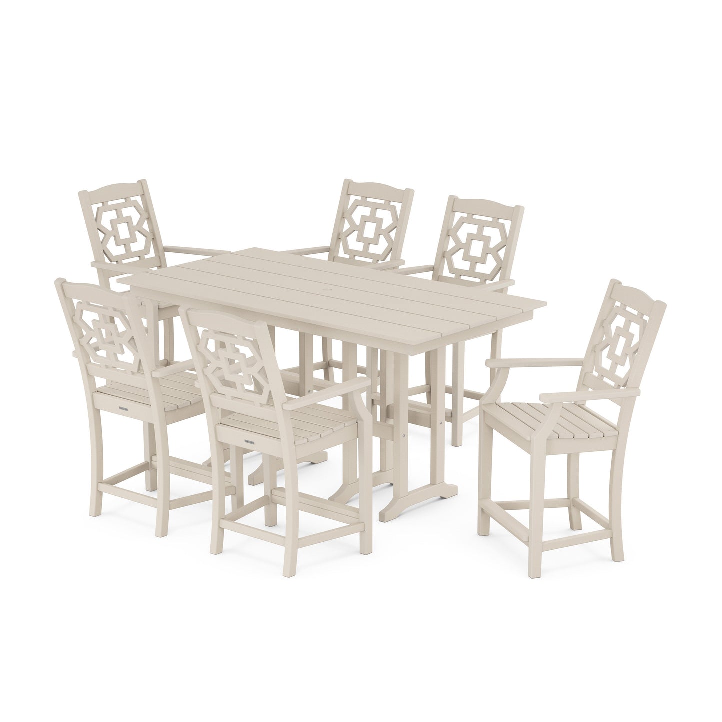 POLYWOOD Chinoiserie Arm Chair 7-Piece Farmhouse Counter Set — Sand