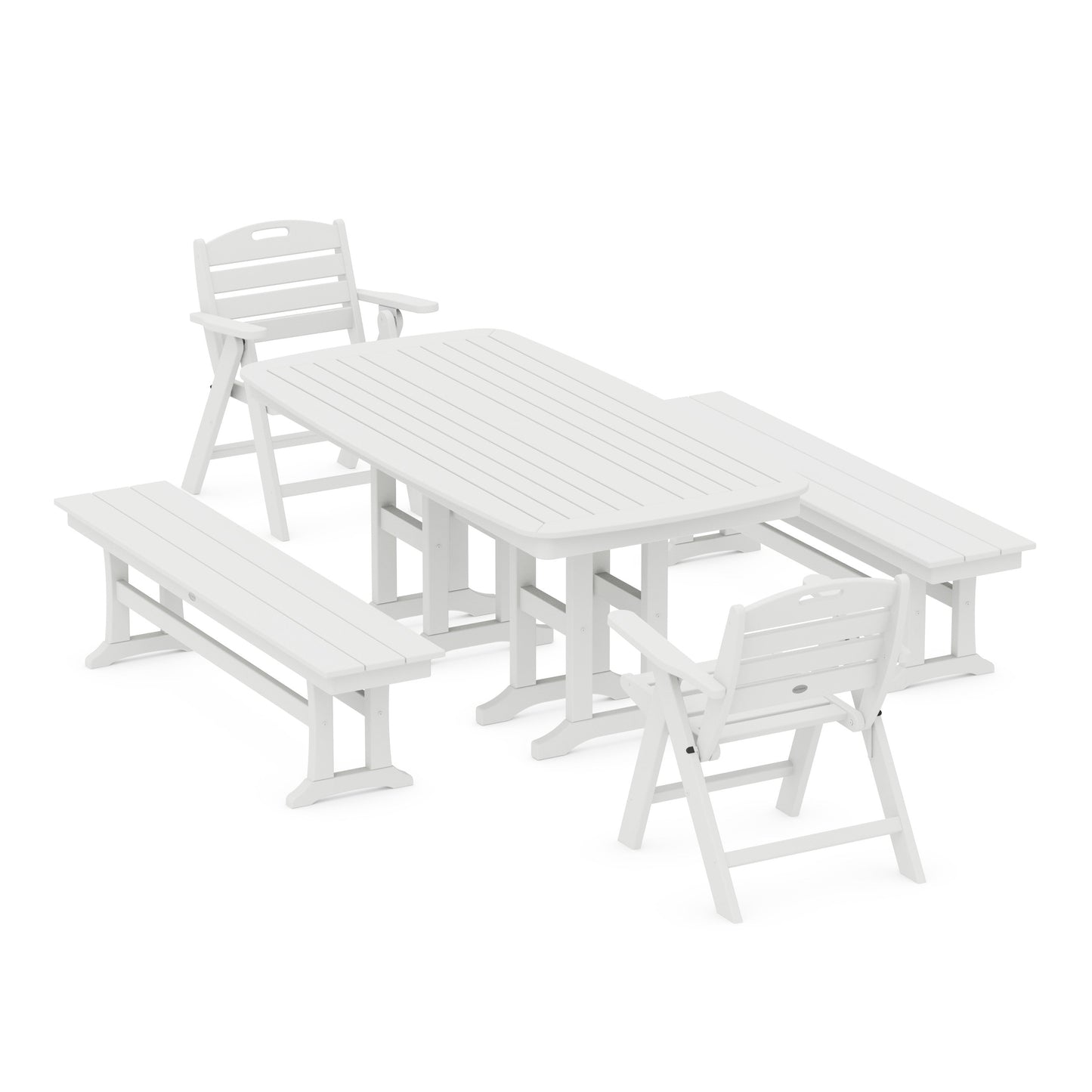 POLYWOOD Nautical Lowback 5-Piece Dining Set with Benches — White
