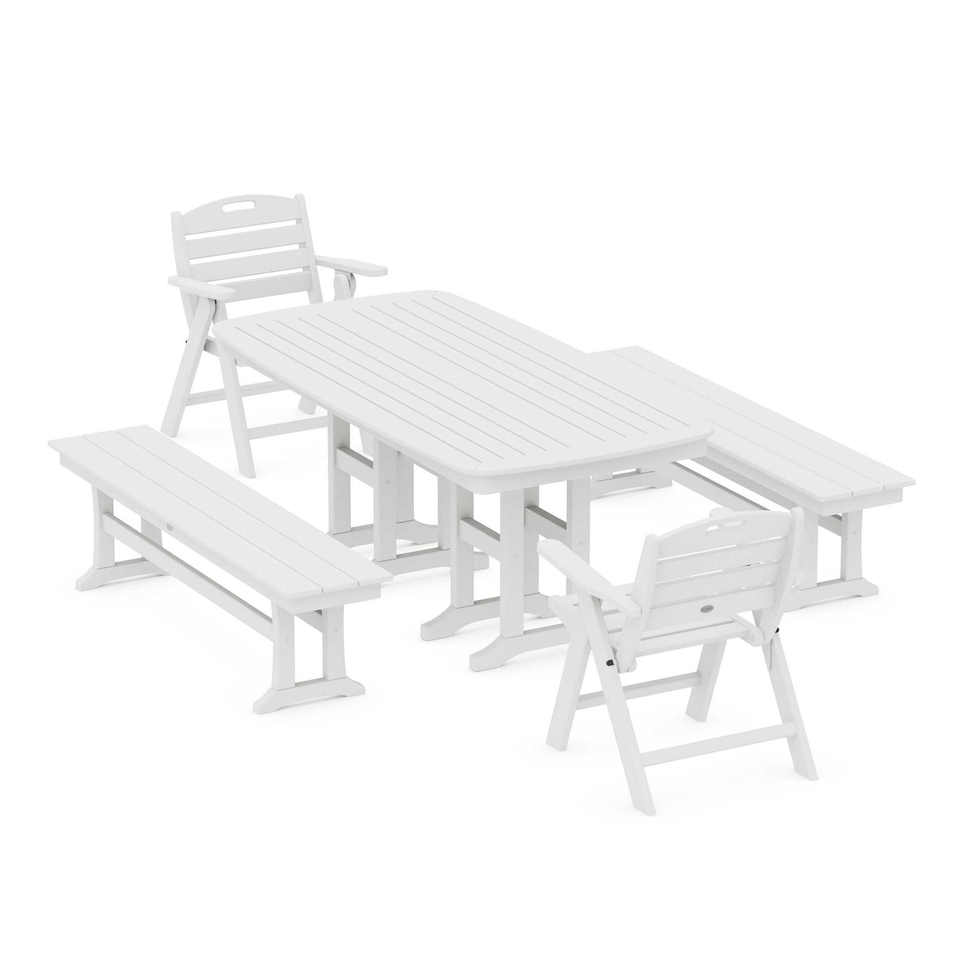 POLYWOOD Nautical Lowback 5-Piece Dining Set with Benches — White