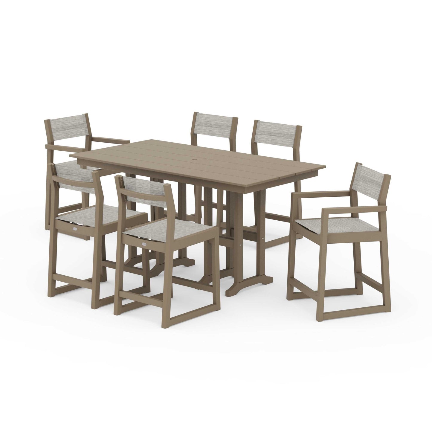 POLYWOOD EDGE Sling 7-Piece Farmhouse Counter Set with Trestle Legs — Vintage Sahara / Birch Sling