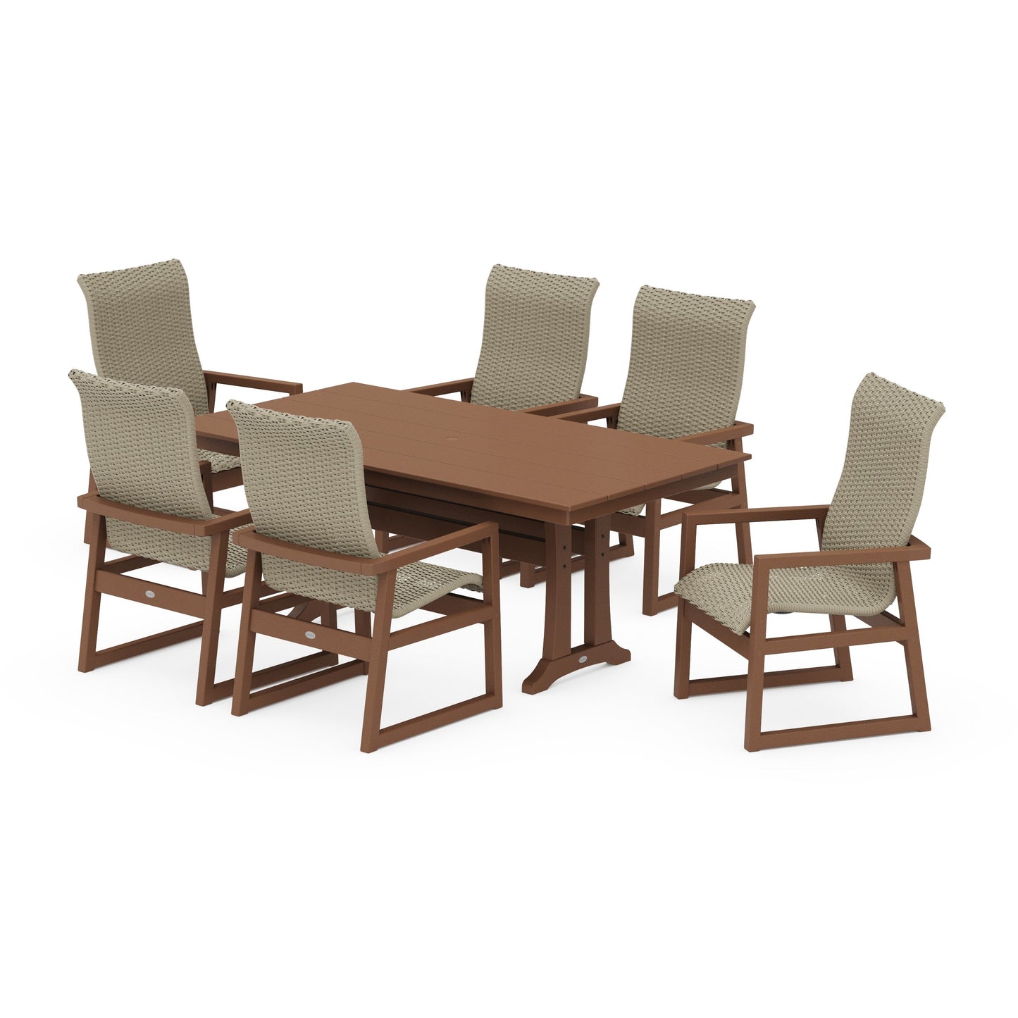 POLYWOOD EDGE Woven Highback Arm Chair 7-Piece Farmhouse Dining Set with Trestle Legs — Teak / Dune Grass