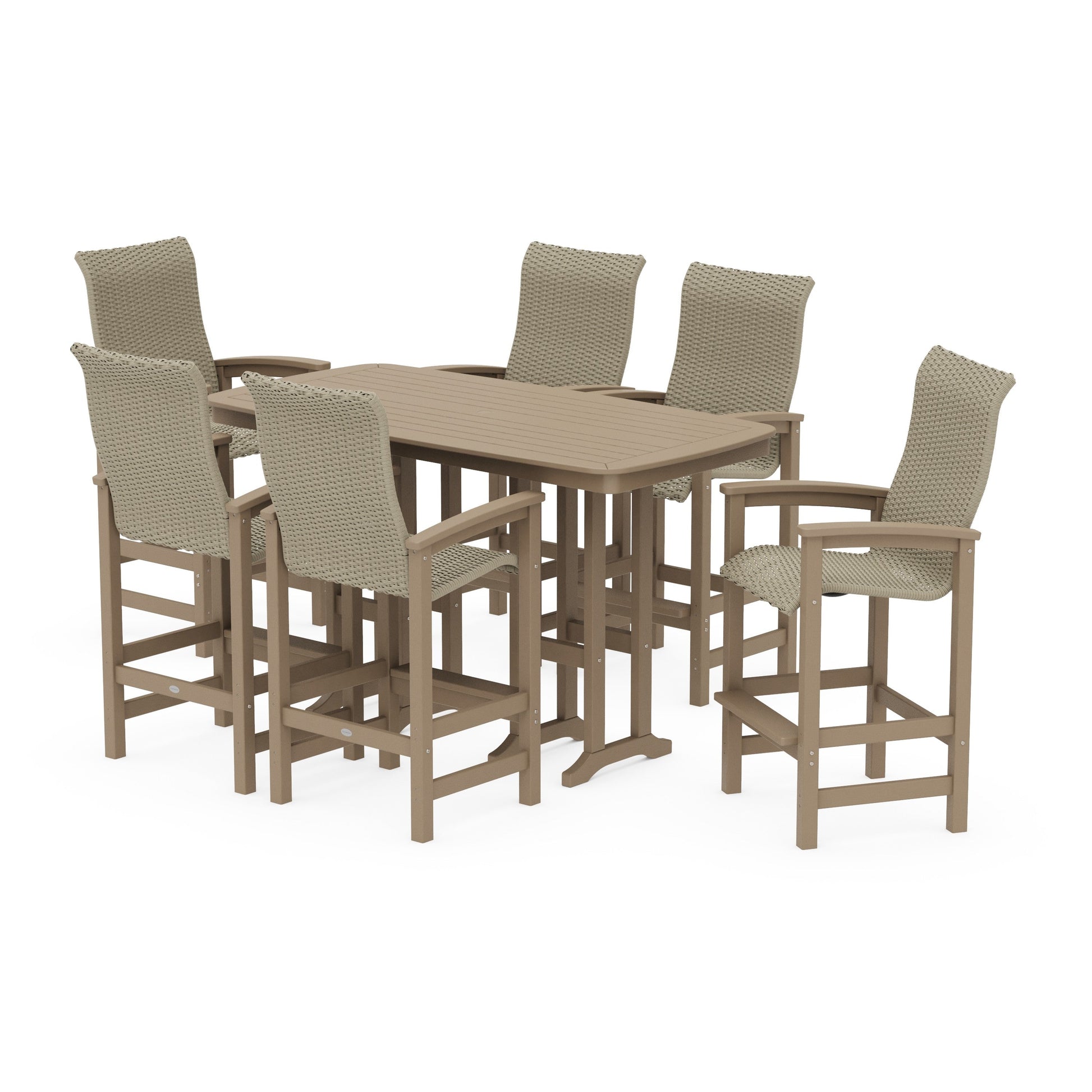 POLYWOOD Coastal Woven High-Back Arm Chair 7-Piece Bar Set — Vintage Sahara / Dune Grass